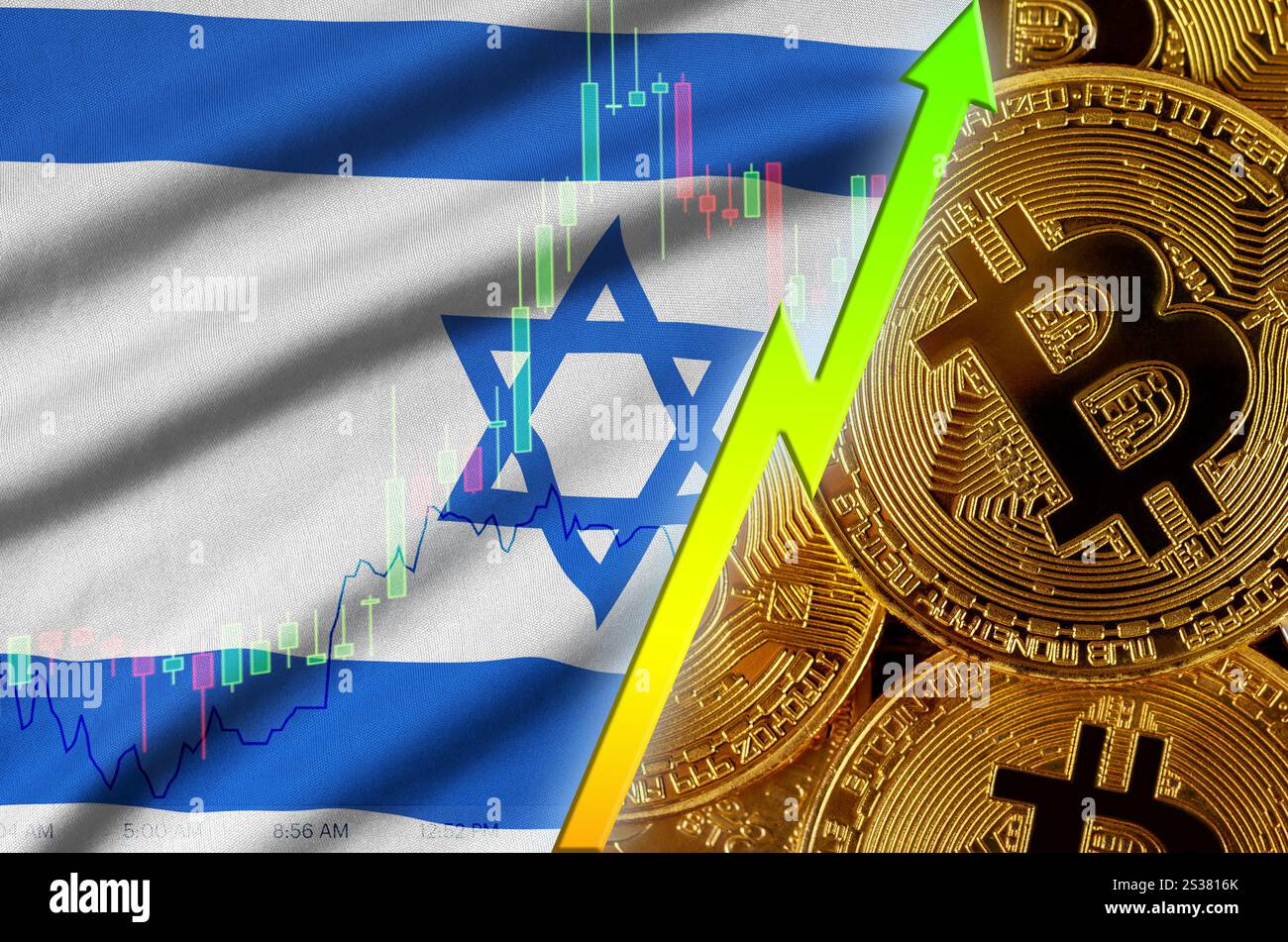 Bandiera di Israele e tendenza alla crescita della criptovaluta con molti bitcoin dorati. Concetto di aumentare il prezzo di Bitcoin o di elevata conversione in criptovaluta Foto Stock