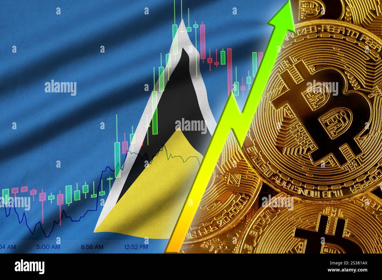Bandiera di Santa Lucia e tendenza alla crescita della criptovaluta con molti bitcoin dorati. Concetto di aumentare il prezzo di Bitcoin o di elevata conversione in criptovaluta Foto Stock