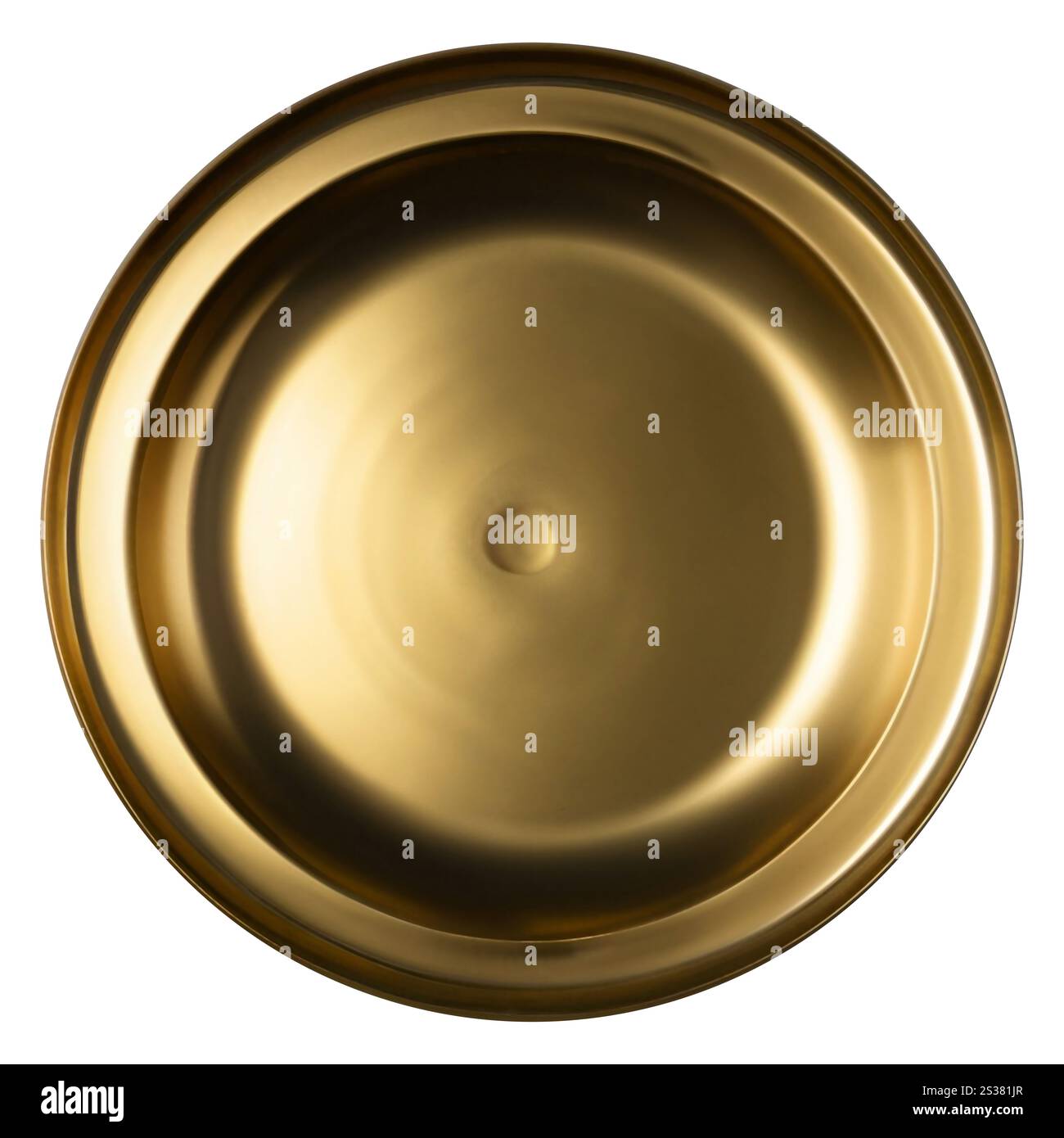 Vista dall'alto della piastra dorata vuota isolata sullo sfondo. Piatto d'oro tagliato. Vista dall'alto della piastra dorata vuota isolata sullo sfondo. Piatto dorato. Foto Stock