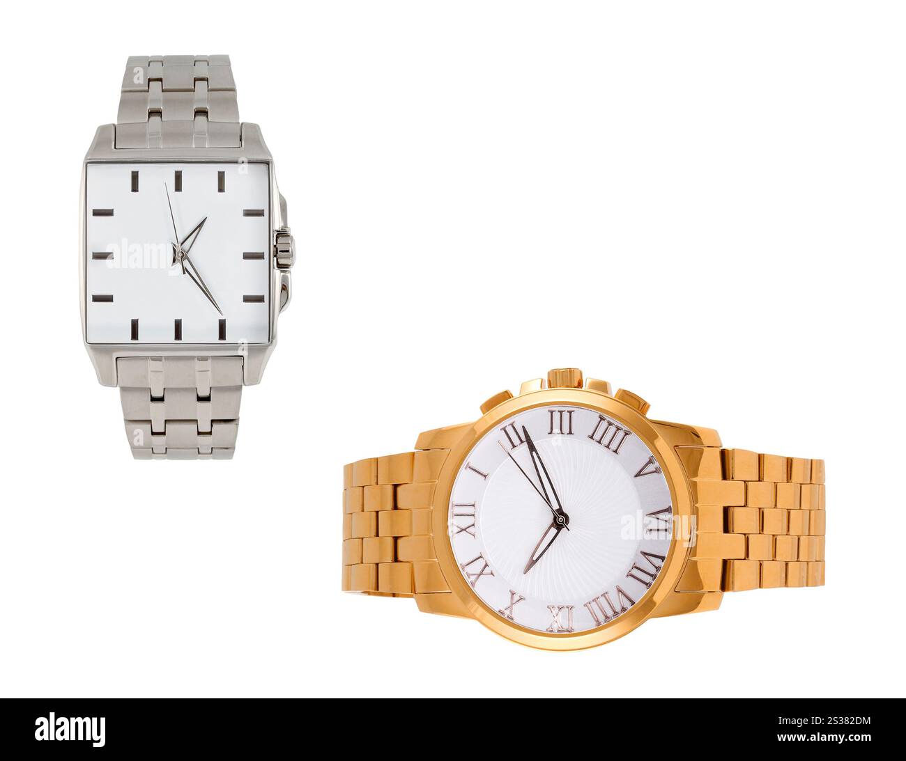 orologio da polso moderno dorato e argento isolato. orologio da polso moderno dorato e argento Foto Stock