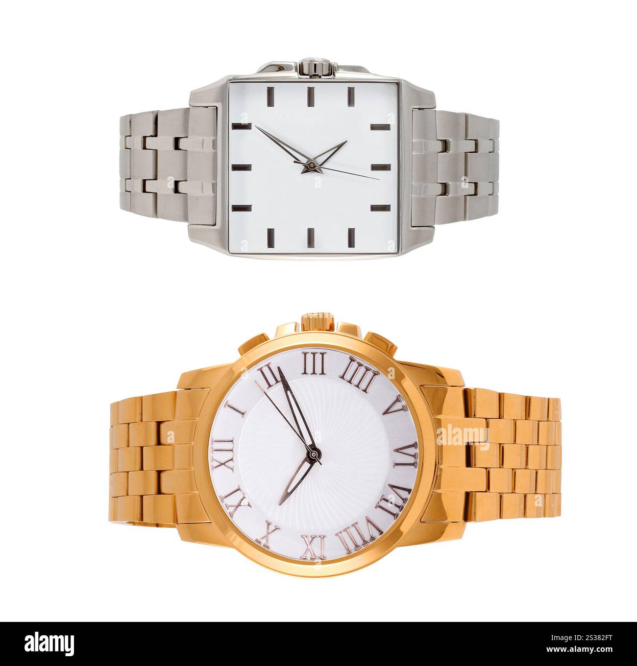 orologi da polso moderni dorati e argentati isolati. orologi da polso moderni dorati e argentati Foto Stock