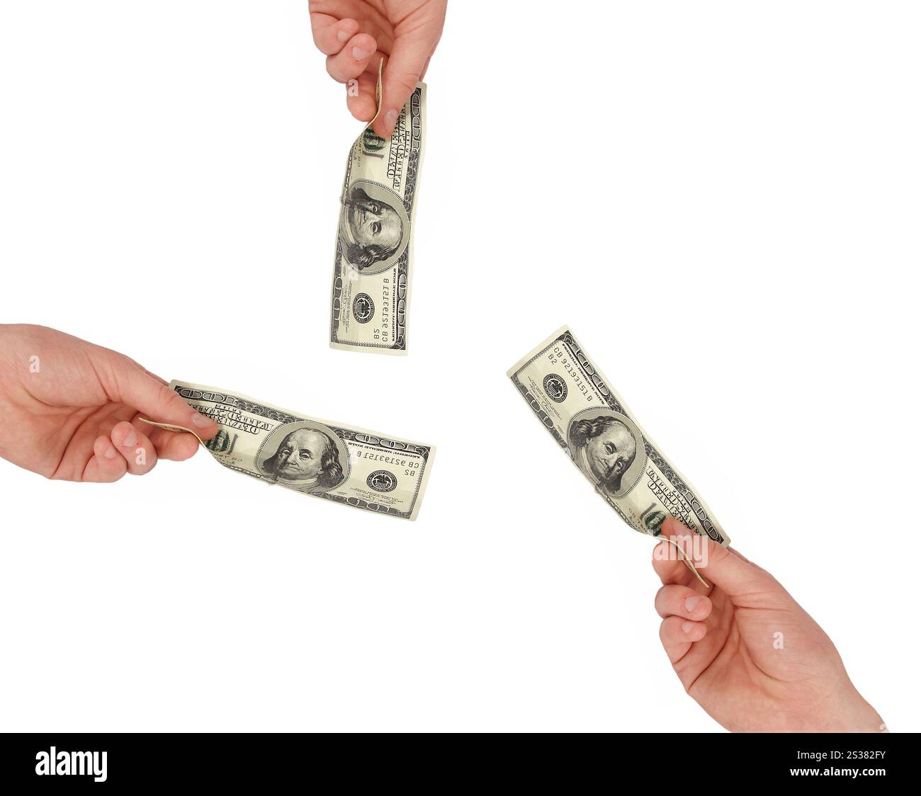 Una mano di mans con una banconota da cento dollari. mans mano con una banconota da cento dollari Foto Stock