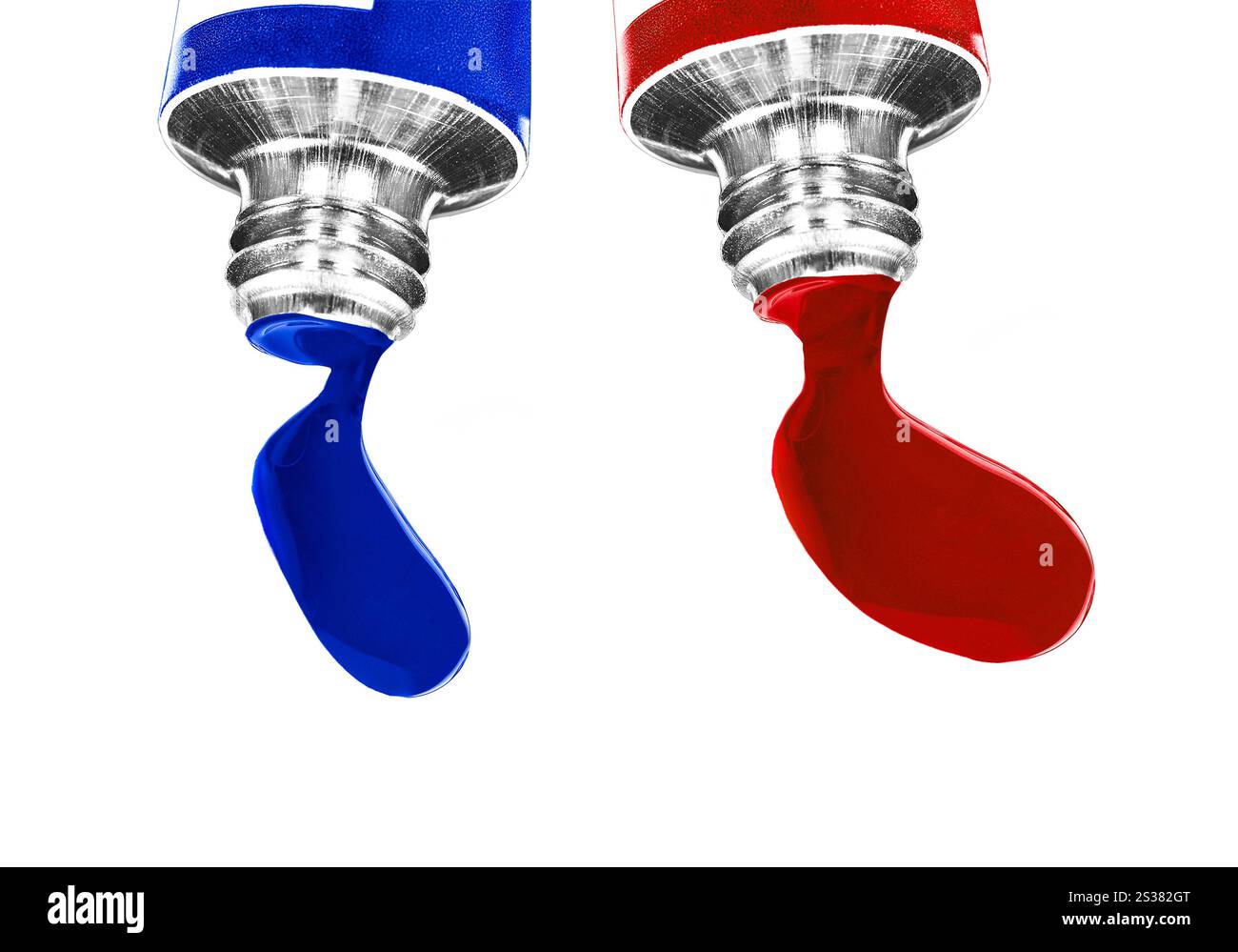 tubi di vernice blu e rossa isolati su sfondo bianco. tubi di vernice blu e rossa Foto Stock