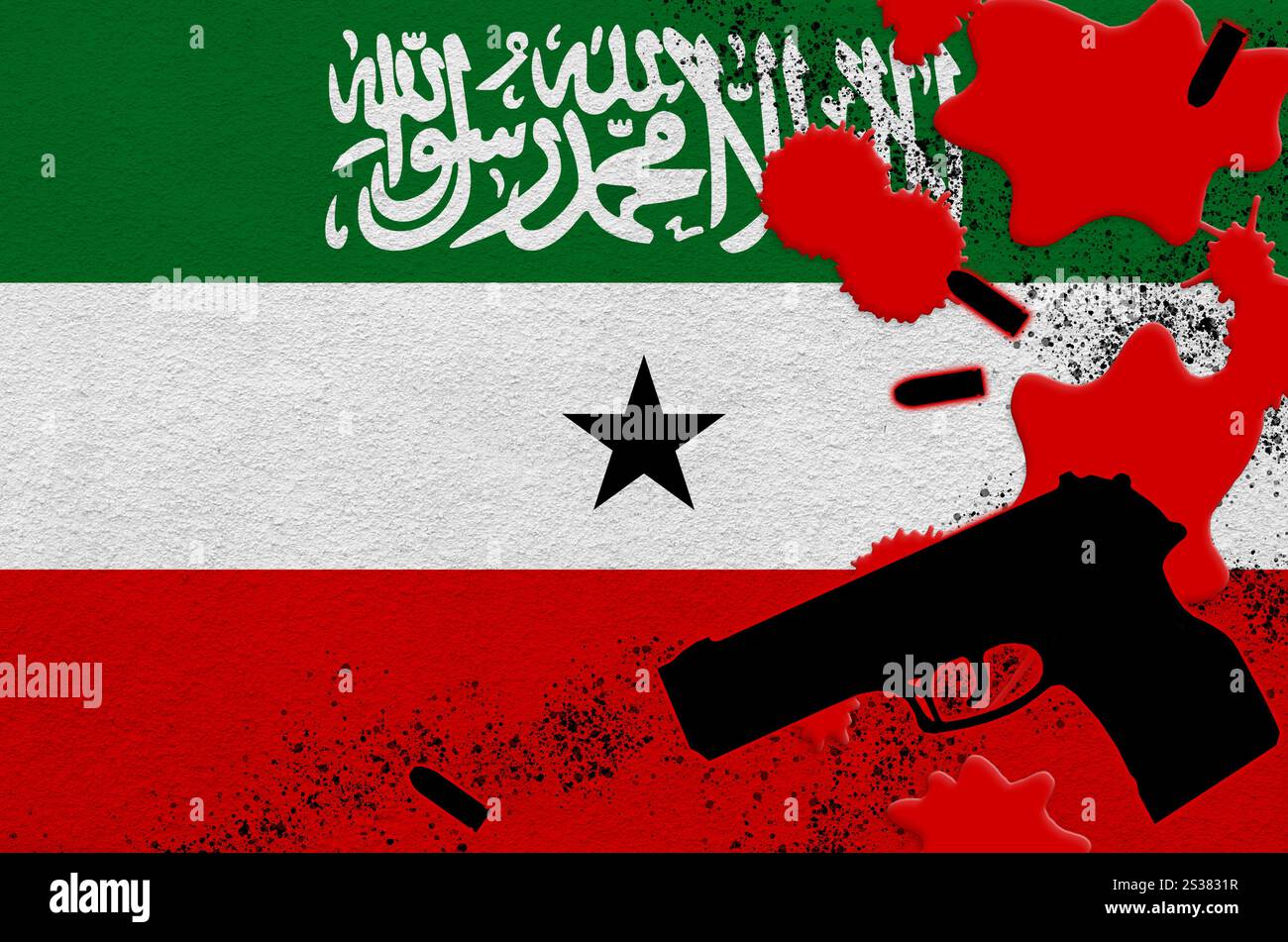 Bandiera del Somaliland e arma da fuoco nera a sangue rosso. Concetto di attacco terroristico o operazioni militari con esito letale. Uso pericoloso della pistola. Foto Stock