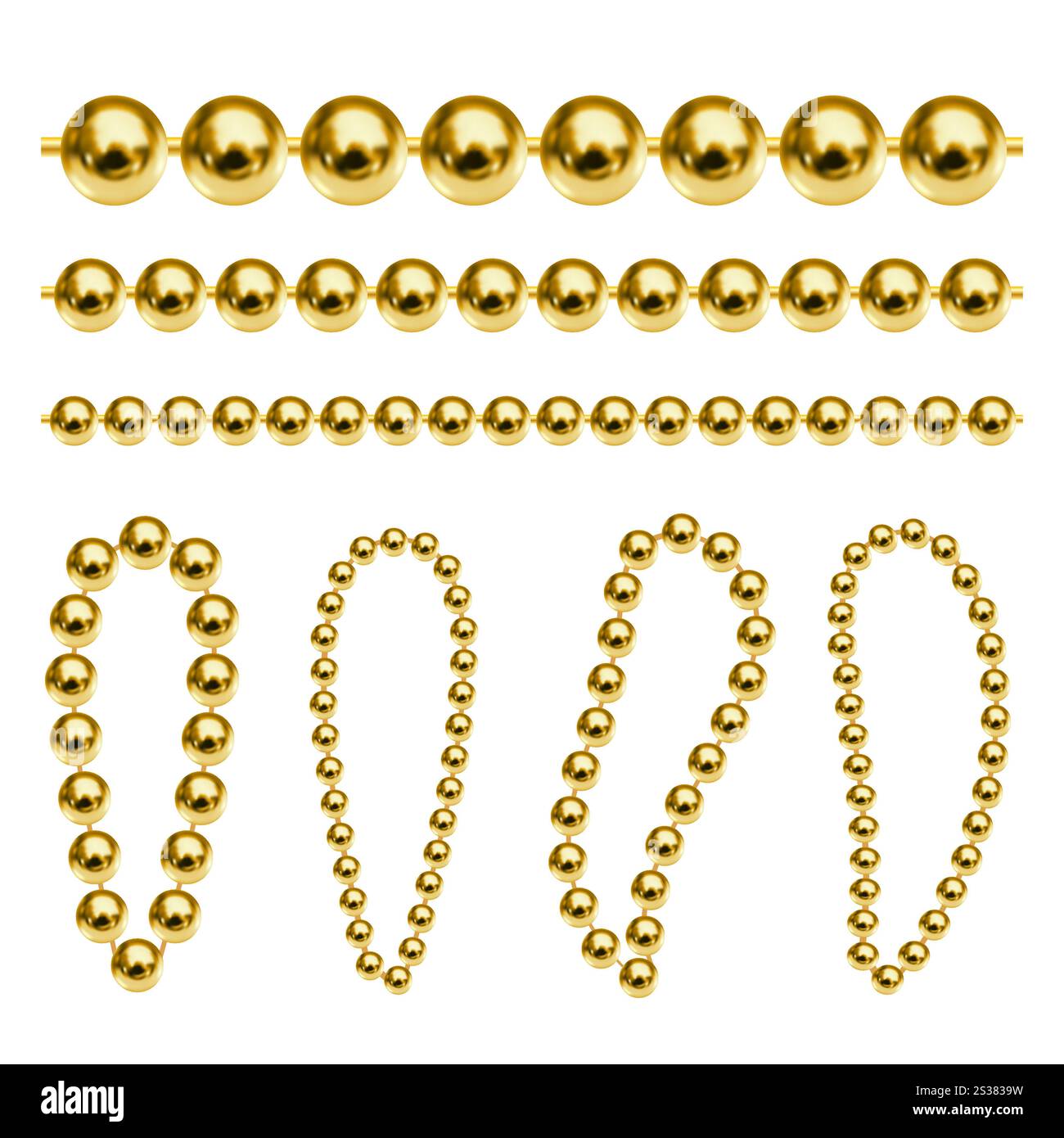 Set di catene d'oro realistiche. Eleganti perline dorate per portachiavi, collana o braccialetti isolati su sfondo bianco. Linee e forme ovali per il tuo Foto Stock