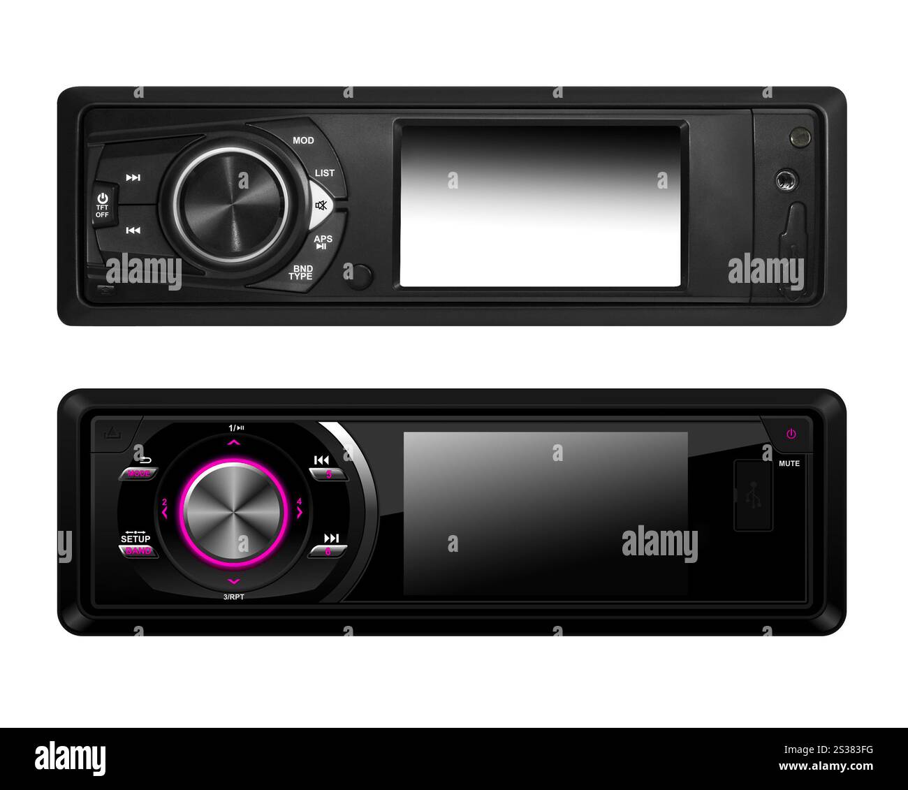 Moderni sistemi audio per auto isolati con percorso di ritaglio sul bianco. Moderni sistemi audio per auto isolati Foto Stock