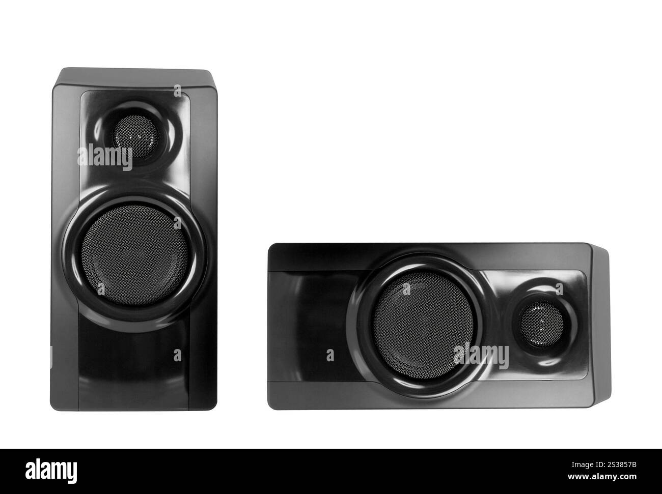 Altoparlanti neri su sfondo bianco. Altoparlanti neri Foto Stock