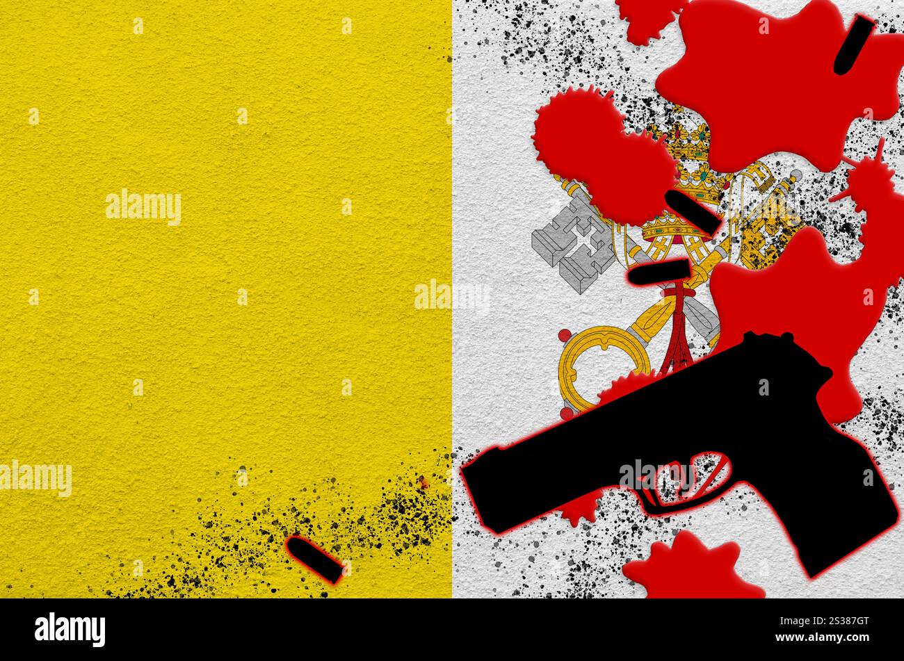 Bandiera dello Stato della città del Vaticano e arma da fuoco nera a sangue rosso. Concetto di attacco terroristico o operazioni militari con esito letale. Pistola pericolosa Foto Stock