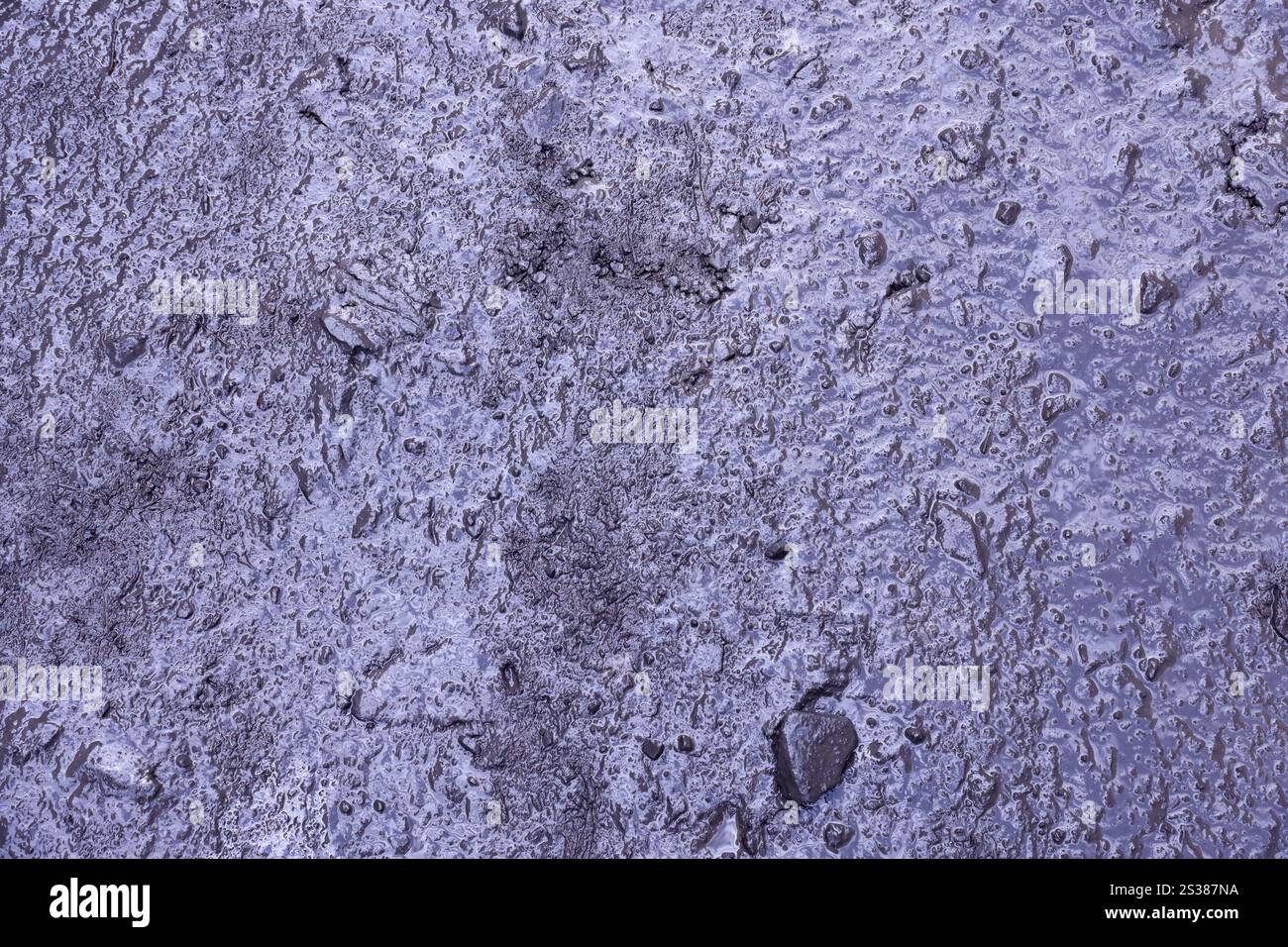 Primo piano di pozzanghere fangoso con piccole pietre sulla superficie bagnata. Trama di sfondo. Primo piano di pozzanghere fangoso con piccole pietre sulla superficie bagnata. Sfondo Foto Stock