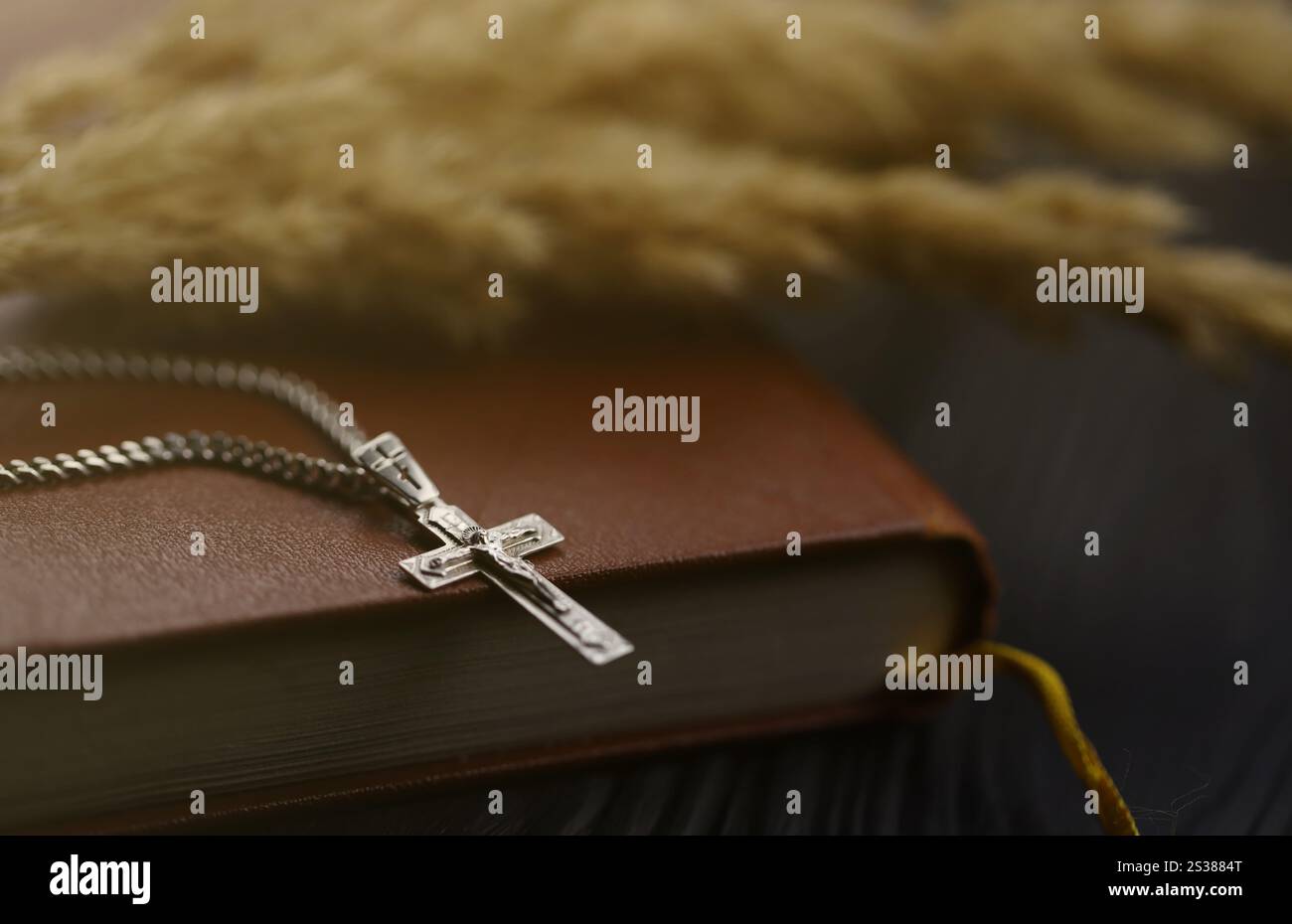 Collana in argento con croce crocifisso su un libro sacro cristiano della bibbia su un tavolo di legno nero. Chiedere benedizioni a Dio con il potere della santità, che Foto Stock