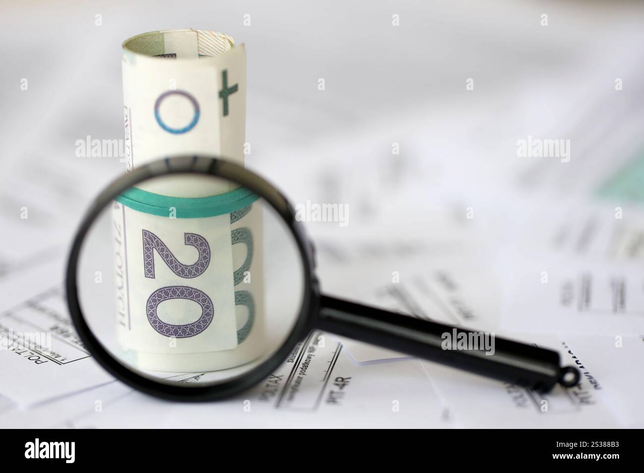 Soldi zloty polacchi e lente d'ingrandimento su una grande quantità di moduli fiscali polacchi da vicino. La contabilità, la burocrazia e la routine dei contribuenti in Polonia. Polacco Foto Stock