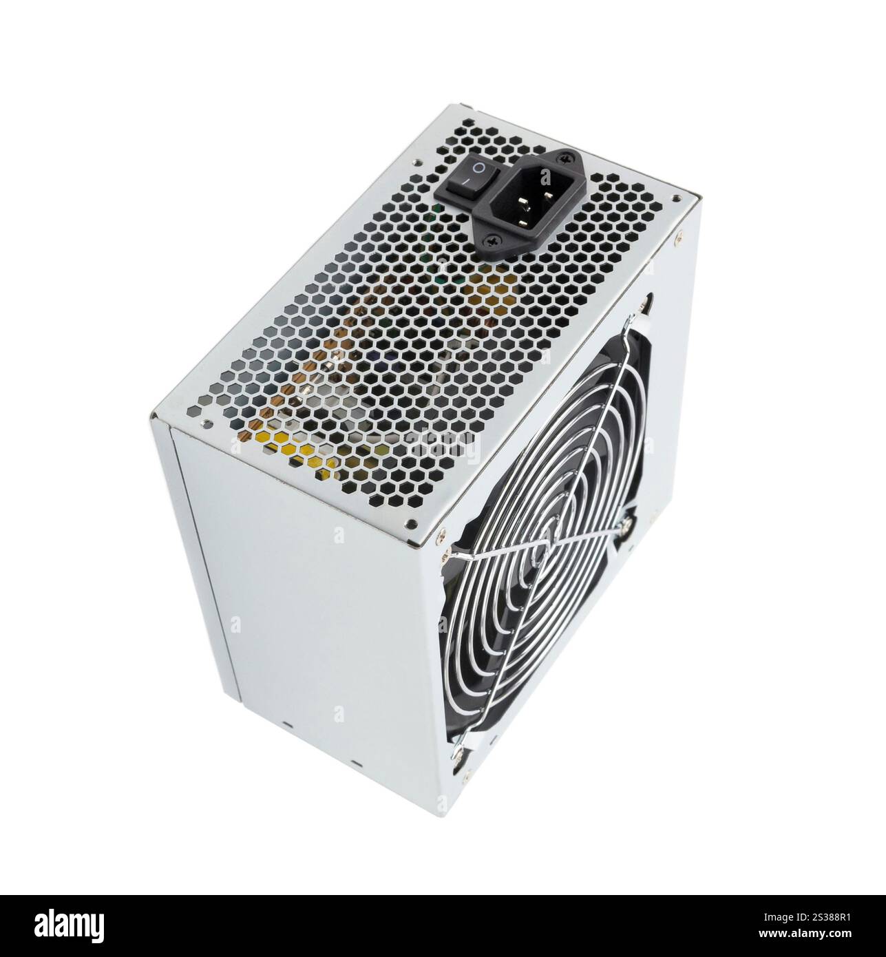 Unità di alimentazione del computer isolata su sfondo bianco. Unità di alimentazione del computer Foto Stock