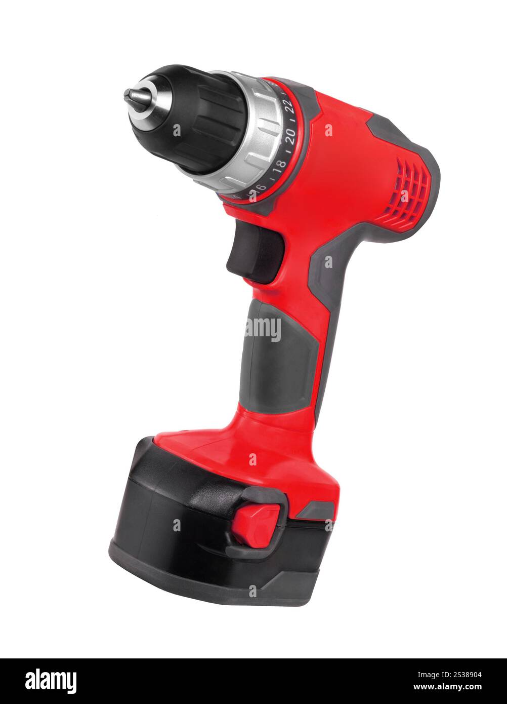Avvitatore a batteria isolato su sfondo bianco. Avvitatore a batteria Foto Stock