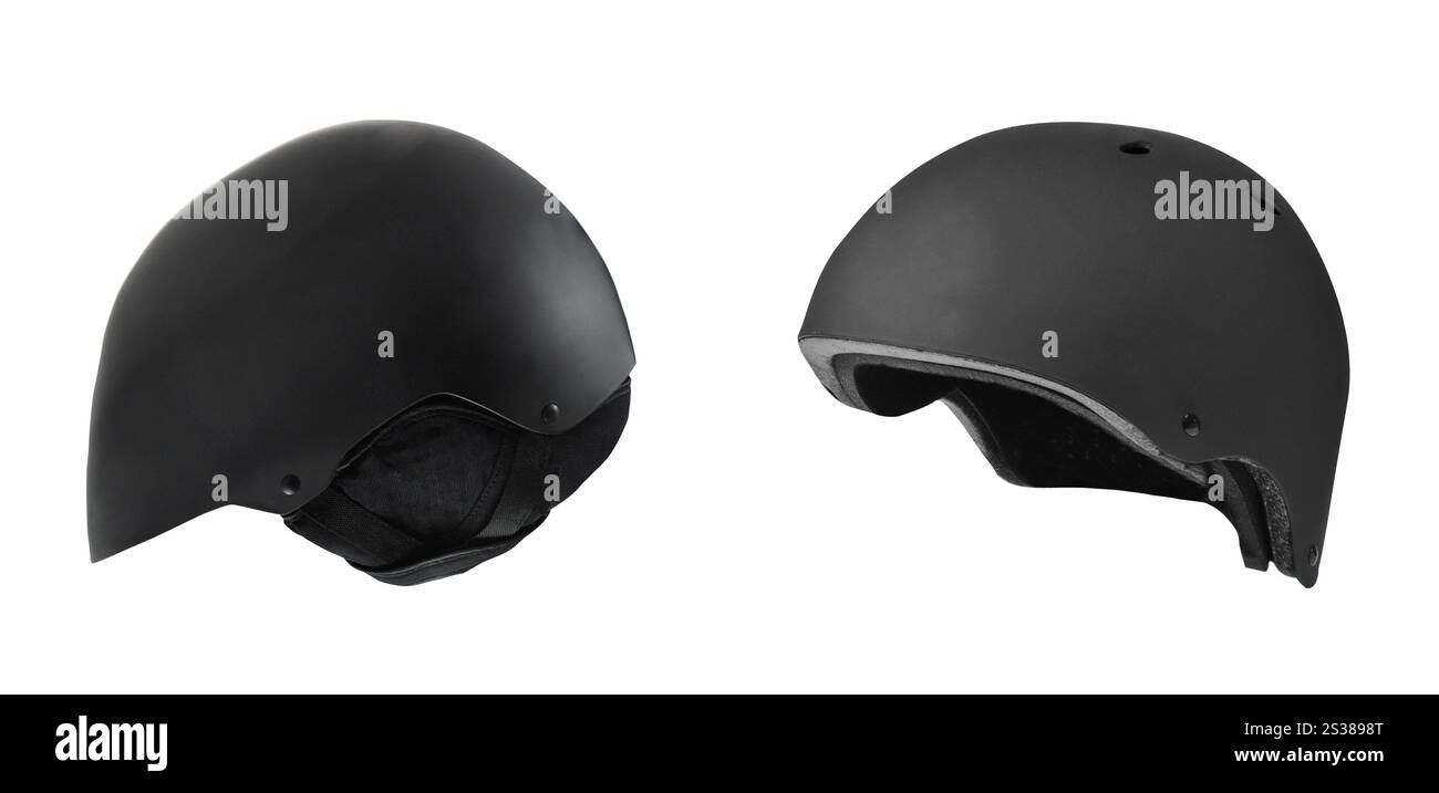Caschi da moto aperti neri isolati su sfondo bianco. Caschi da moto aperti neri Foto Stock