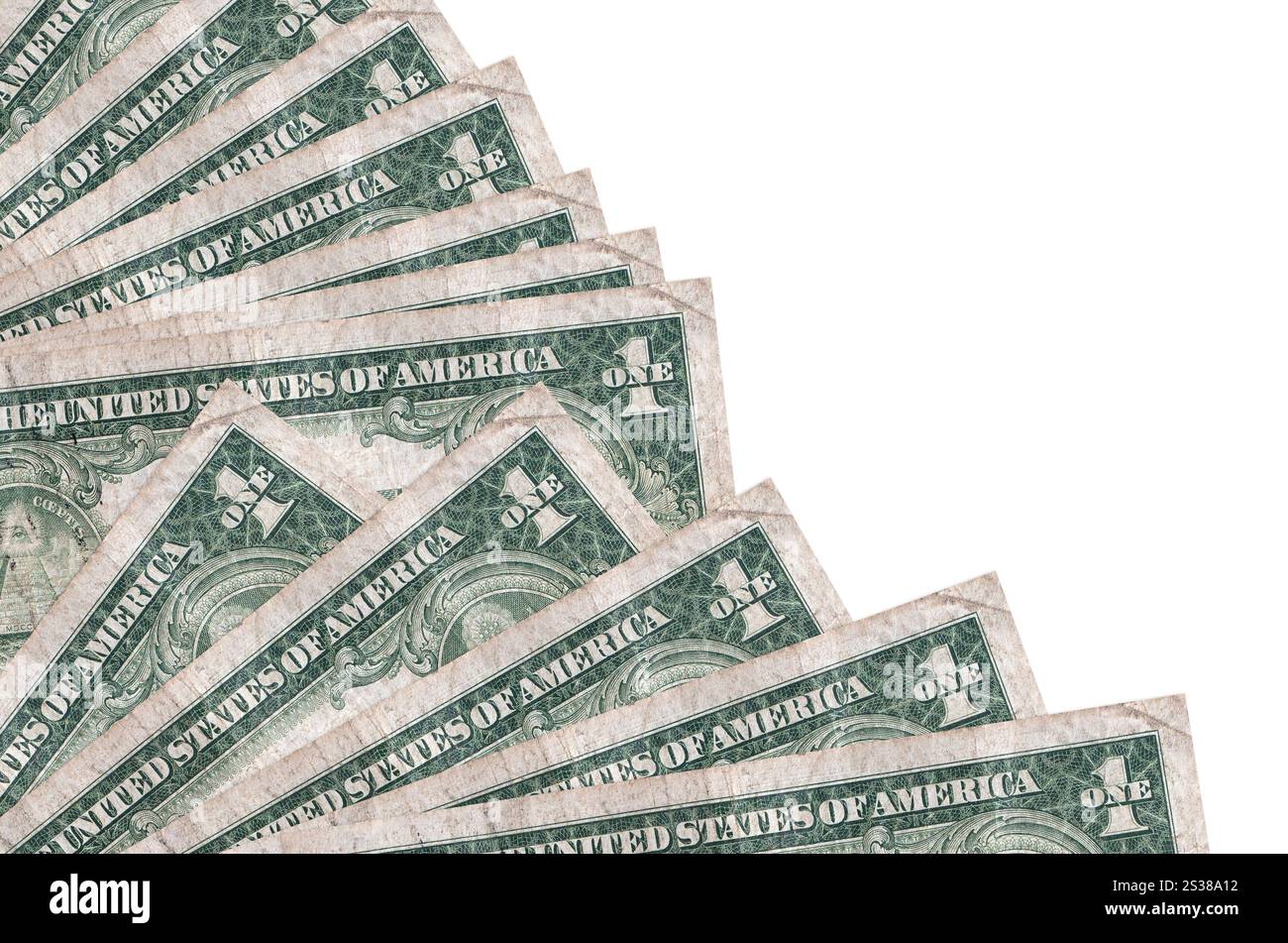 Le banconote da 1 dollaro USA sono isolate su sfondo bianco con spazio di copia impilato nel primo piano della ventola. Concetto di tempo del giorno di paga o operazioni finanziarie. 1 dollaro USA Foto Stock