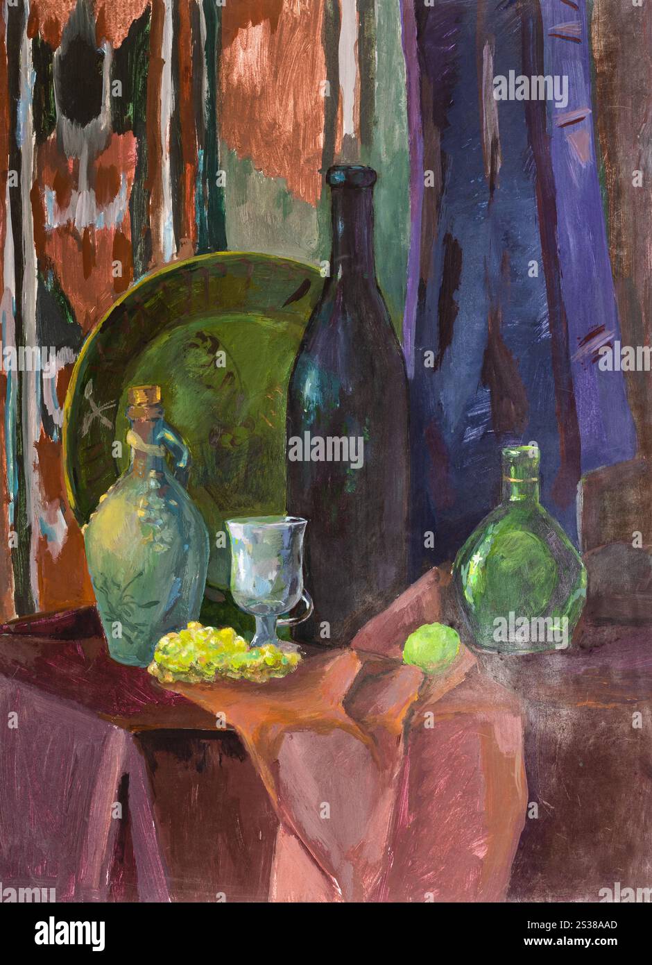 pittura didattica - natura morta con lastre e bottiglie di vetro su tavola drappeggiata e parete disegnata a mano con vernici a tempera colorate su carta Foto Stock