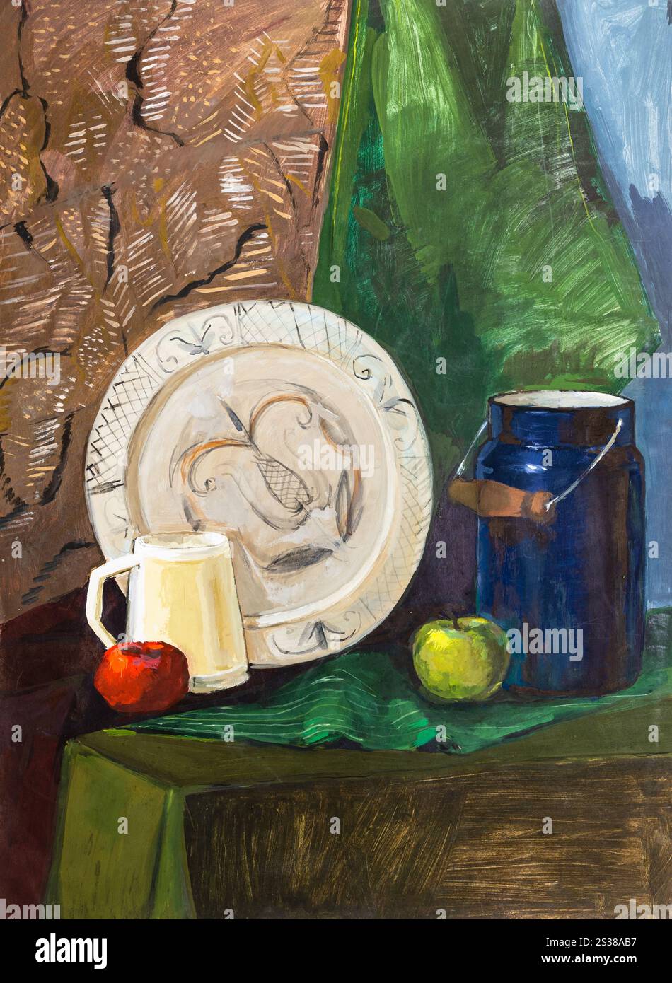 pittura educativa - natura morta con piatto e annaffiatoio su tavola drappeggiata e parete disegnata a mano con colori tempera su carta Foto Stock