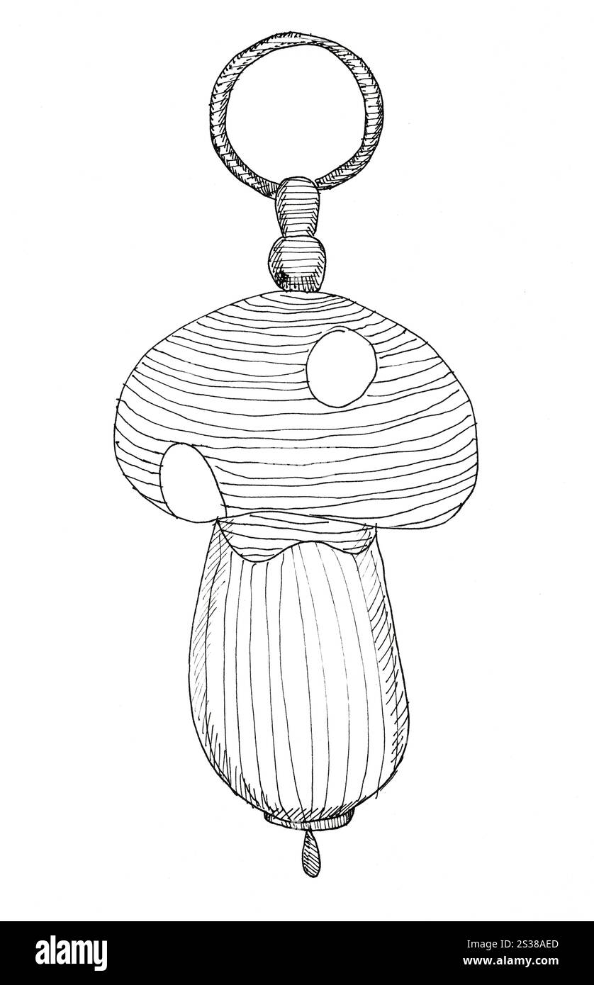 schizzo del portachiavi a forma di fungo disegnato a mano in inchiostro nero su carta bianca Foto Stock