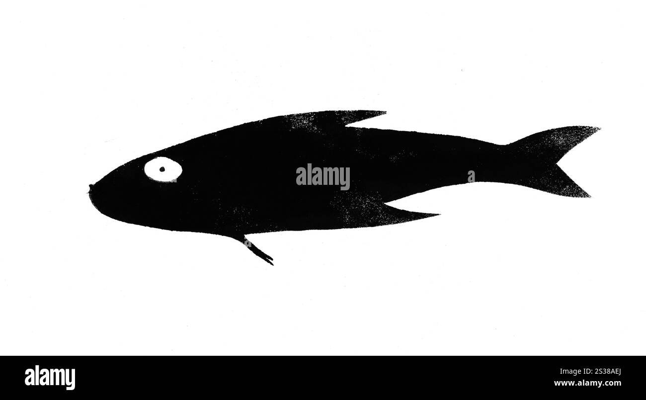 Sagoma di pesce marino disegnato a mano con timbro con vernice a tempera nera su carta bianca Foto Stock