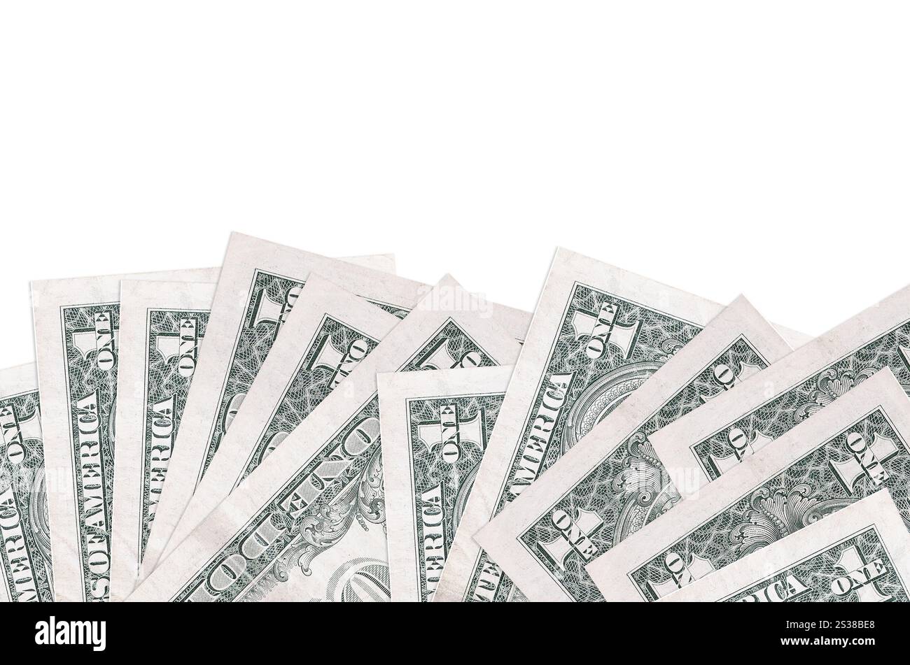 Le banconote da 1 dollaro USA si trovano sul lato inferiore dello schermo, isolate su sfondo bianco con spazio di copia. Modello banner di sfondo per i concetti aziendali con Foto Stock