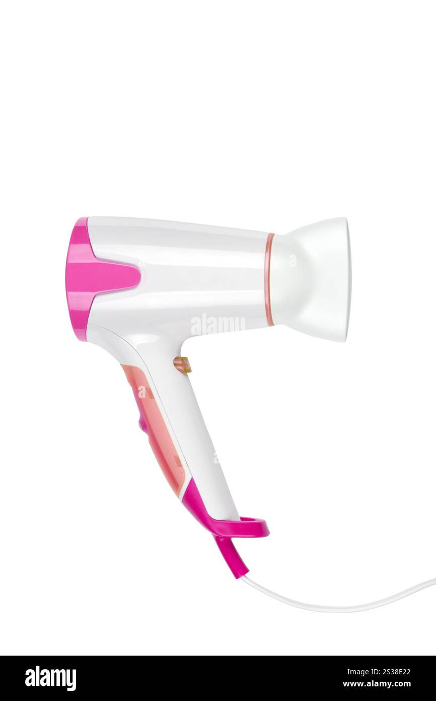 primo piano di un asciugacapelli su sfondo bianco. primo piano di un asciugacapelli Foto Stock