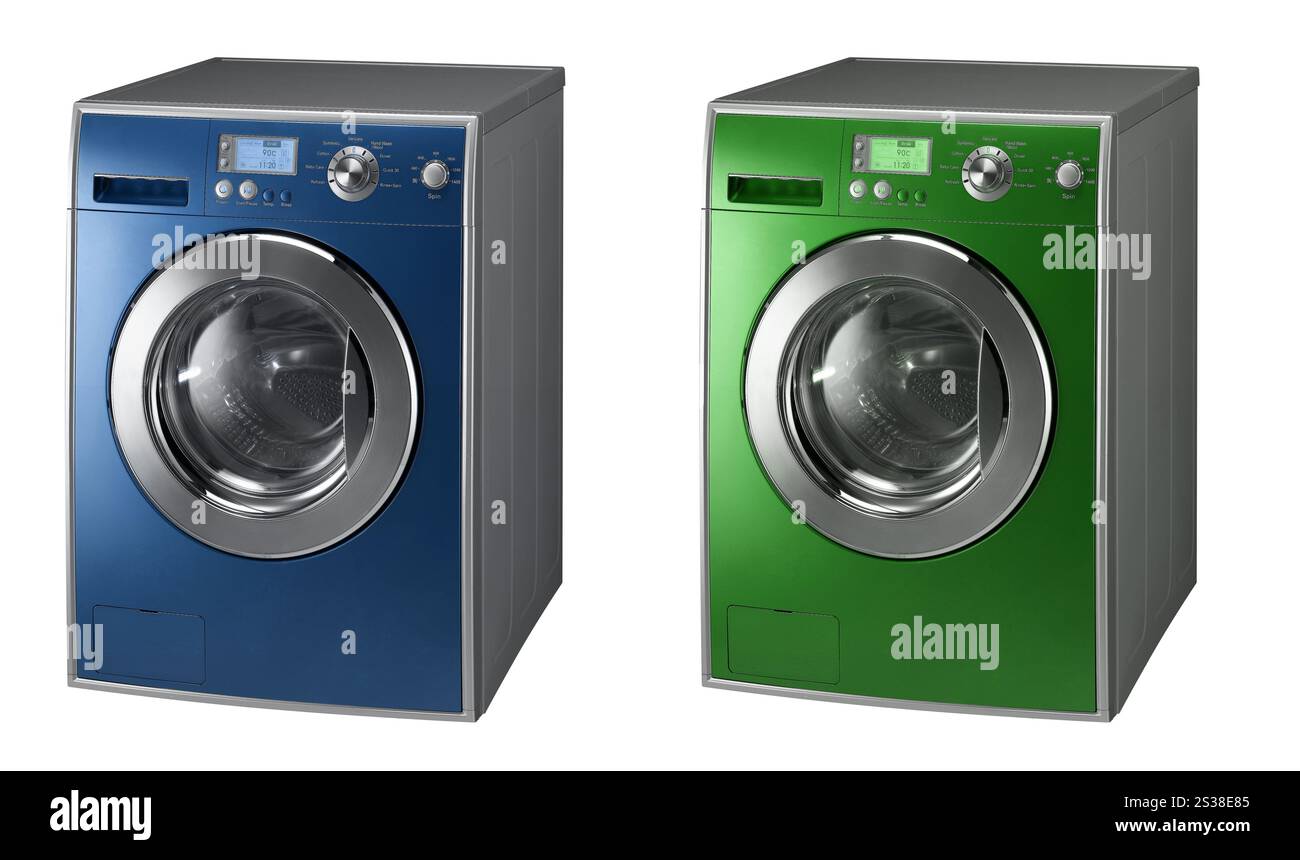 Lavatrici isolate blu e verdi su sfondo bianco. Lavatrici isolate blu e verdi Foto Stock