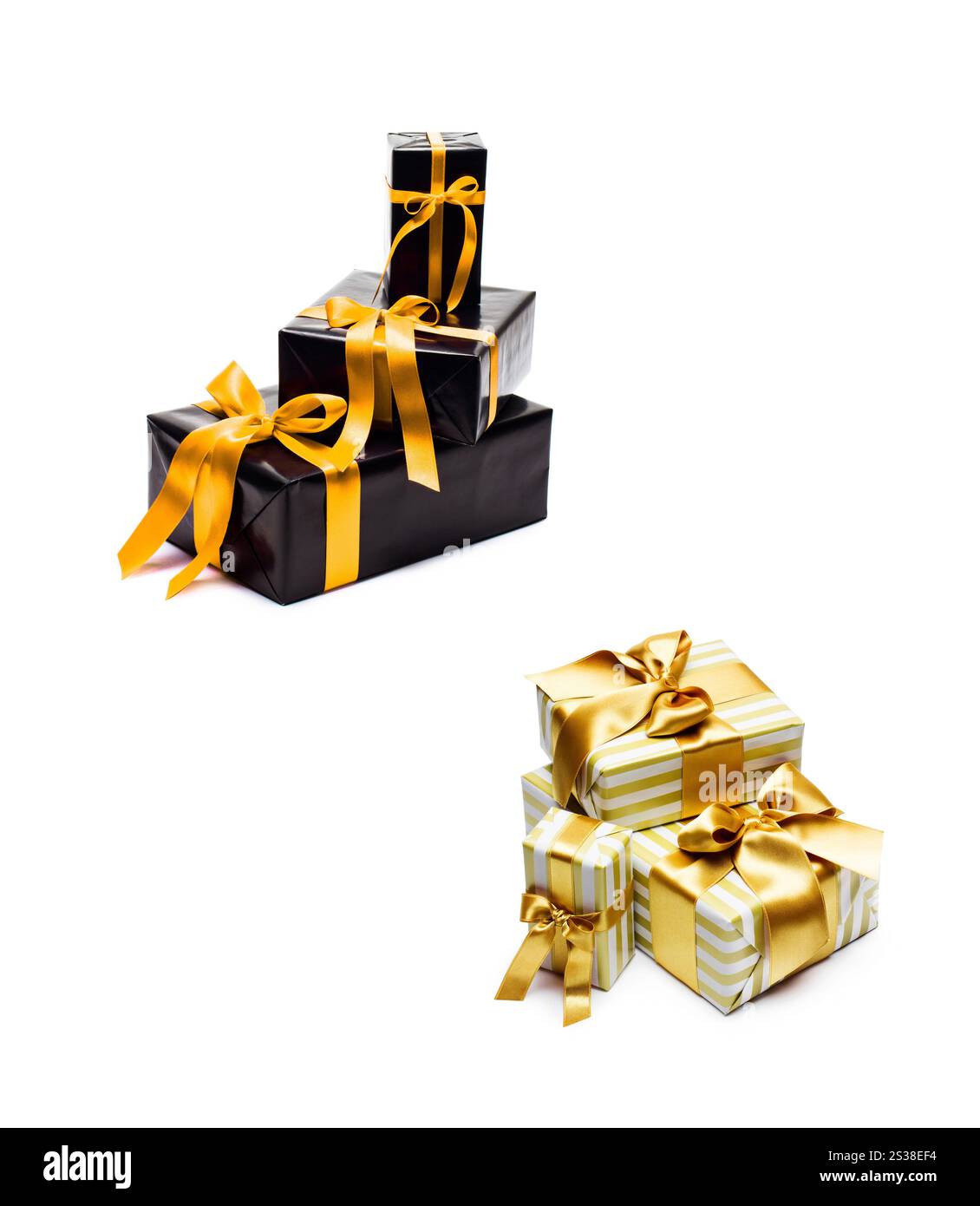 Confezione regalo nera con nastro in raso giallo e fiocco. scatole regalo con fiocco e nastro in raso giallo Foto Stock