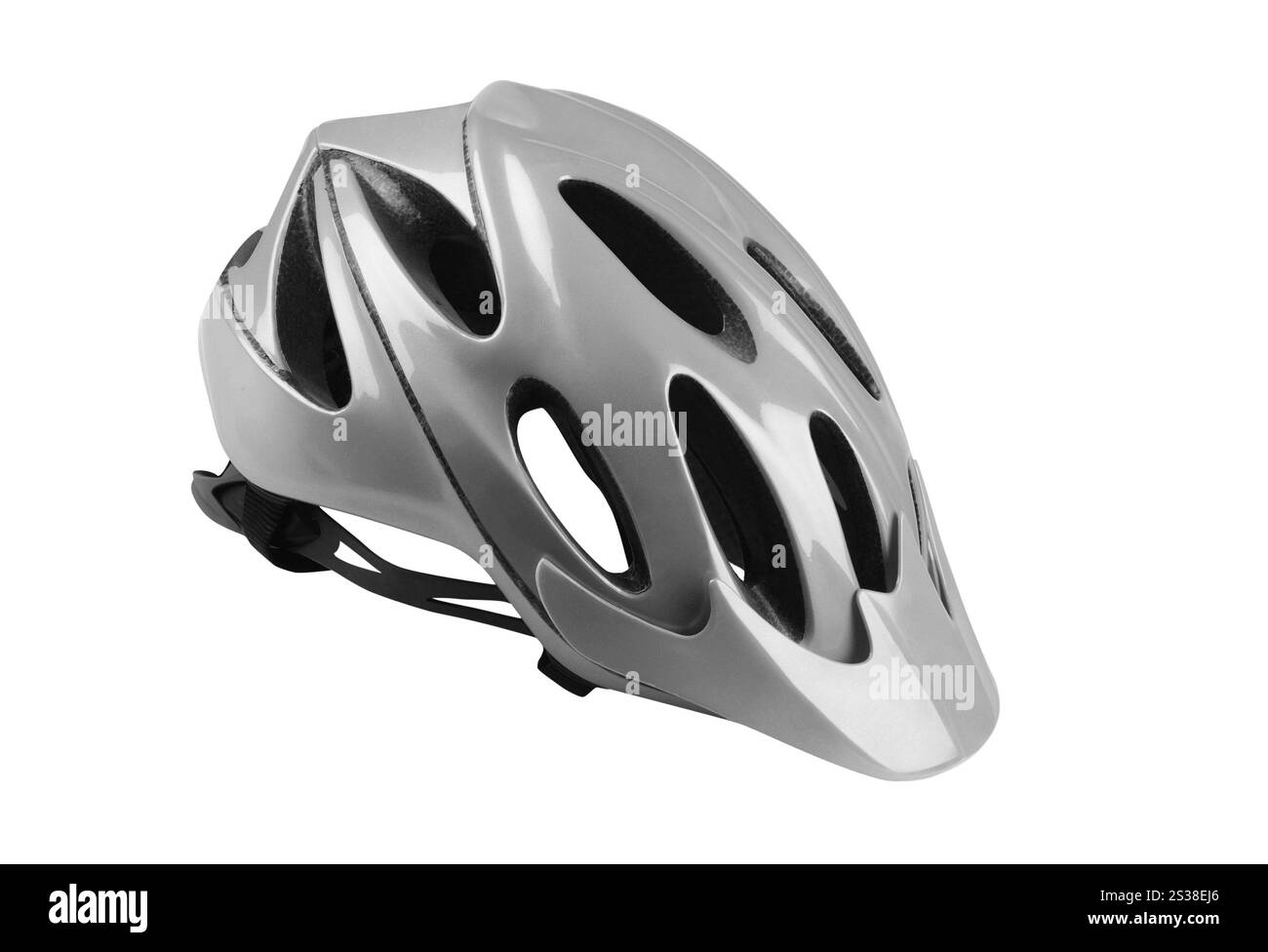 Casco da bici nero su sfondo bianco. Casco da bici nero Foto Stock