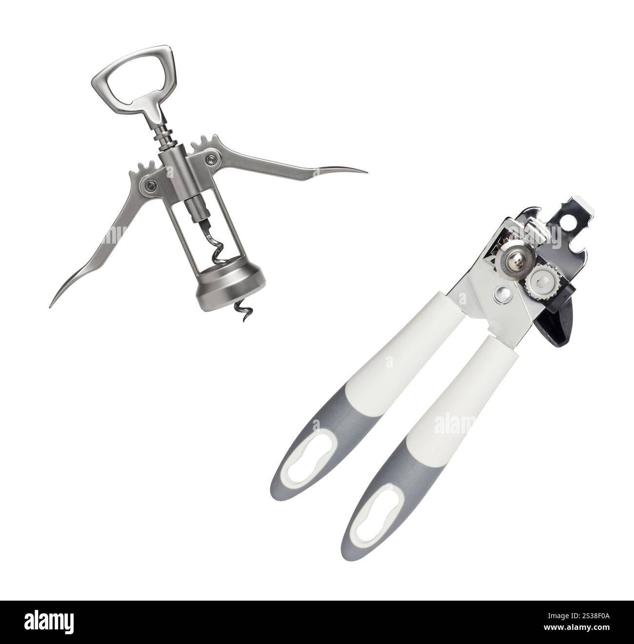 cavatappi con attrezzatura per l'apertura di lattine isolate su bianco. cavatappi con attrezzatura per l'apertura di lattine Foto Stock