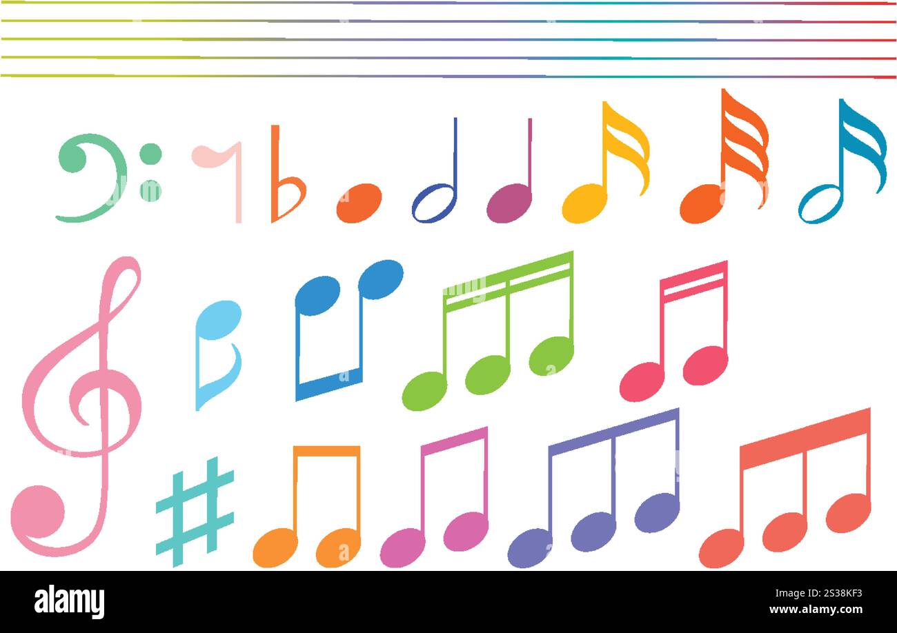 Note musicali e simboli vivaci nei colori dell'arcobaleno Illustrazione Vettoriale