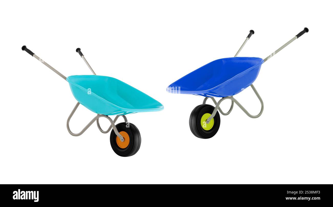 carriola, carrello per calcestruzzo vuoto isolato su sfondo bianco. carriola ruota, carrello per calcestruzzo vuoto Foto Stock