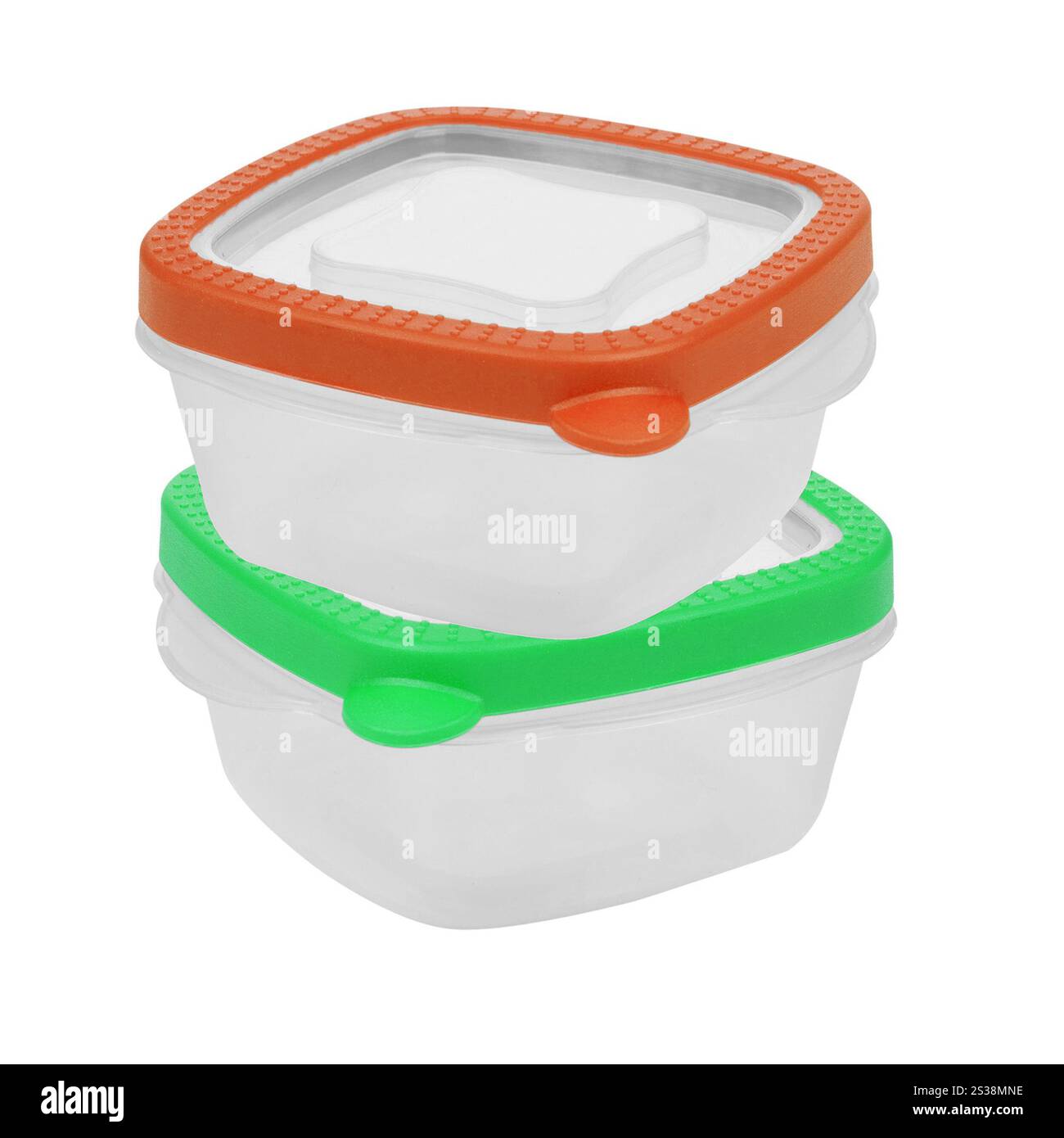 Contenitori vuoti di plastica per alimenti isolati su sfondo bianco. Contenitori di plastica per alimenti vuoti Foto Stock