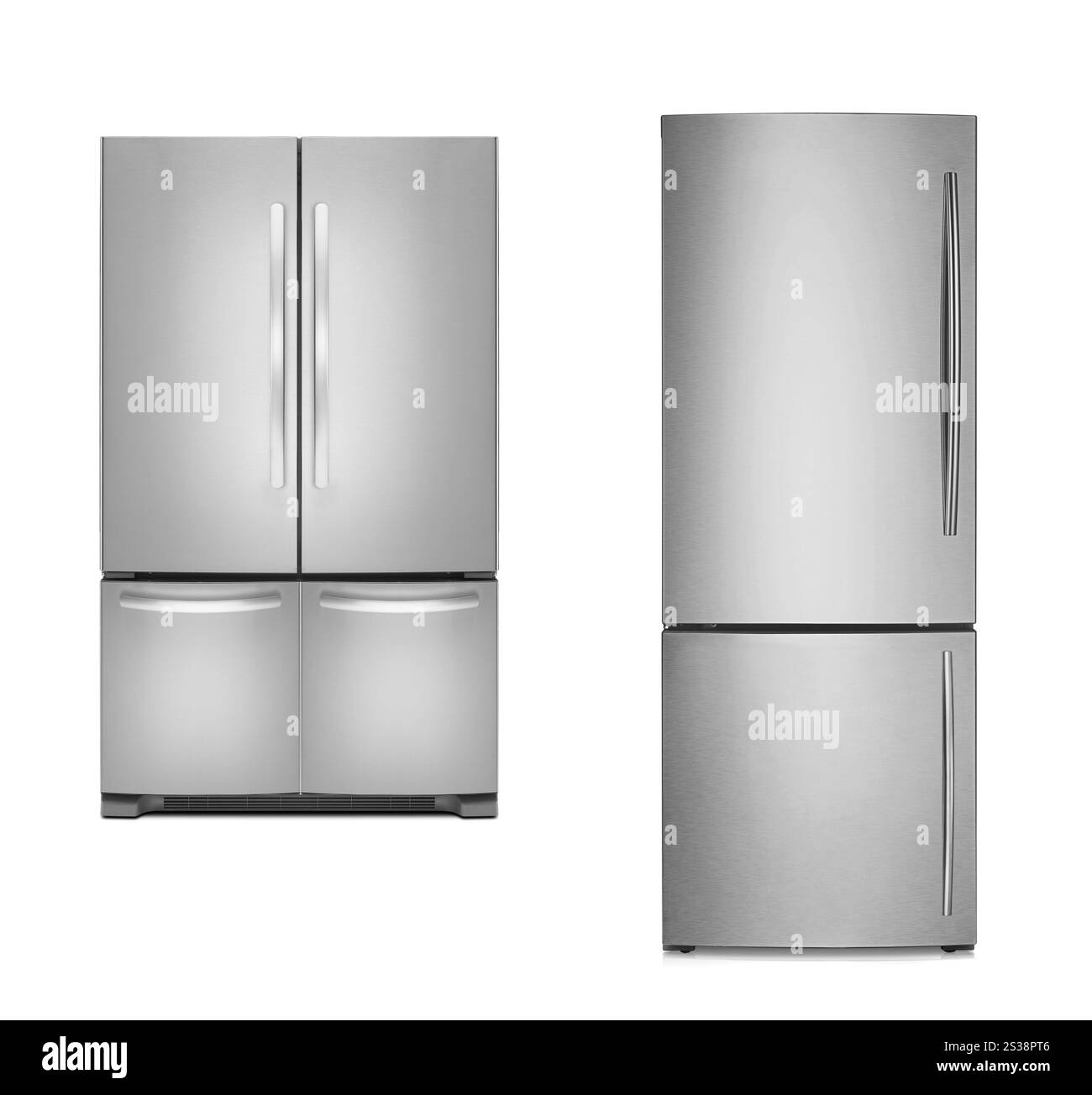 Frigoriferi grandi e piccoli isolati su sfondo bianco Foto Stock