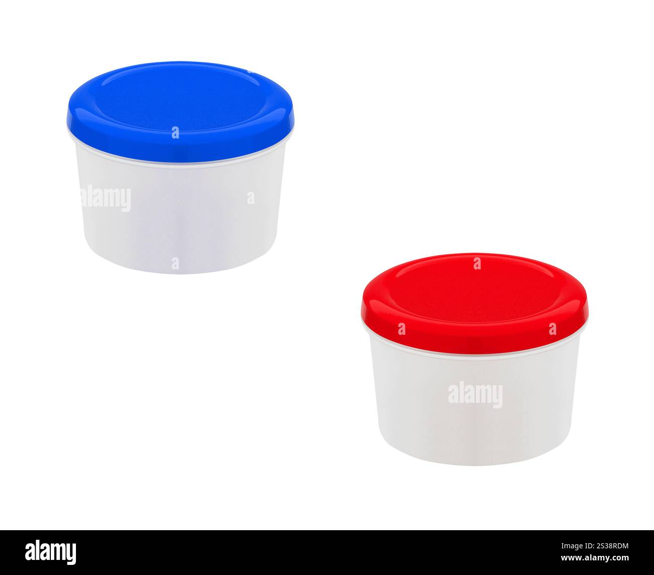 contenitore per alimenti con coperchi in plastica rossi e blu isolati Foto Stock