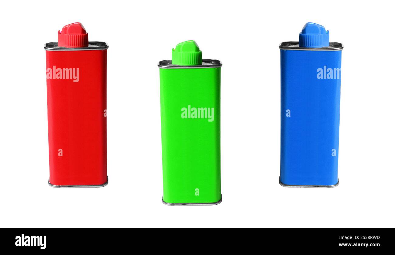 Confezioni di liquidi più leggere rosse, verdi e blu isolate su sfondo bianco. Pacchetti liquidi per accendini rosso, verde e blu Foto Stock Confezioni di liquidi più leggere rosse, verdi e blu isolate su sfondo bianco. Pacchetti liquidi per accendini rosso, verde e blu Foto Stock