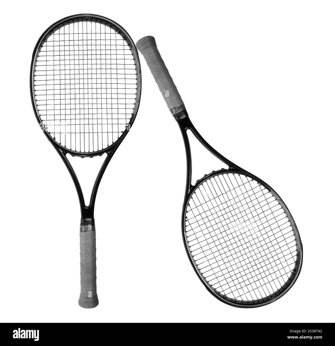 Primo piano di una racchetta da tennis isolata su sfondo bianco Foto Stock