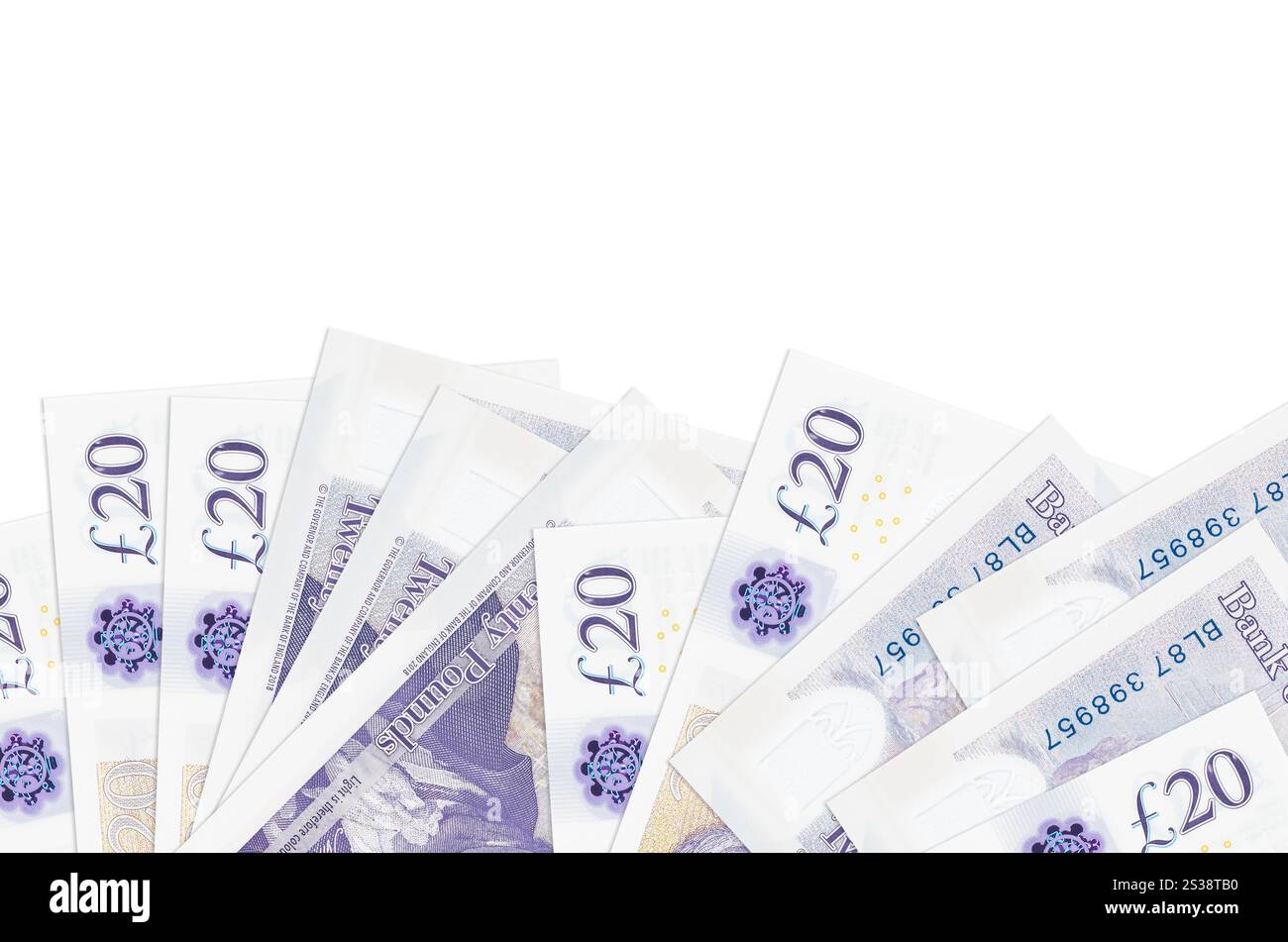 Le banconote da 20 sterline britanniche si trovano sul lato inferiore dello schermo isolato su sfondo bianco con spazio di copia. Modello banner di sfondo per i concetti aziendali Foto Stock