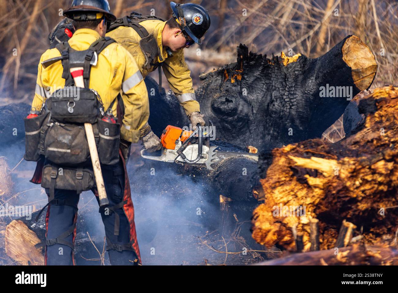 I vigili del fuoco combattono diversi incendi in tutta Los Angeles, tra cui Palisades, Eaton, Hurst e Sunset Fire, causare evacuazioni, distruzione, Foto Stock