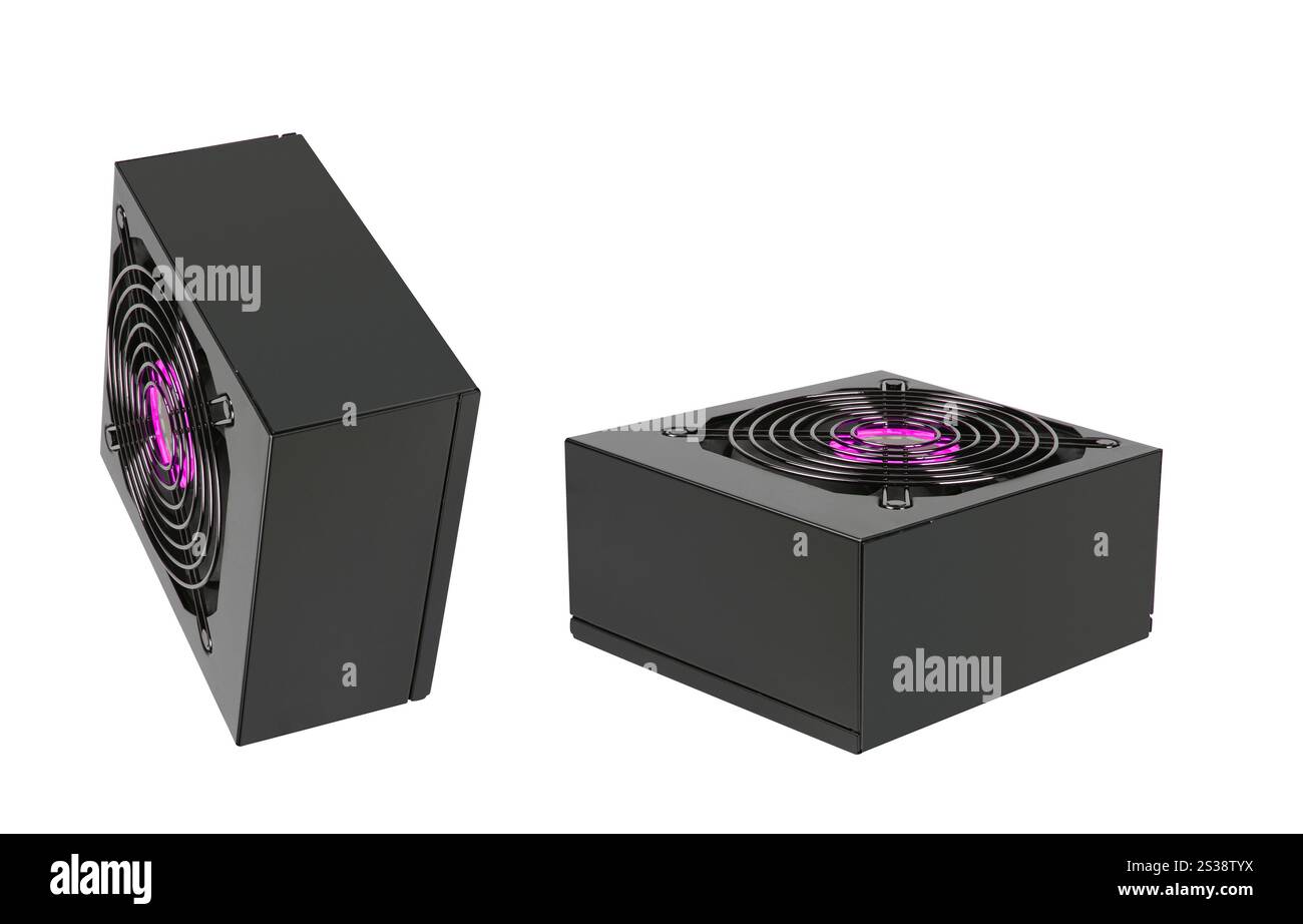 Unità di alimentazione del computer isolata su sfondo bianco. Unità di alimentazione del computer Foto Stock