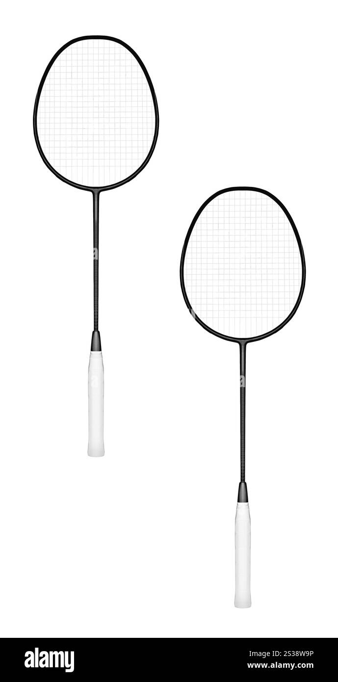 Racchette da badminton isolate su sfondo bianco Foto Stock