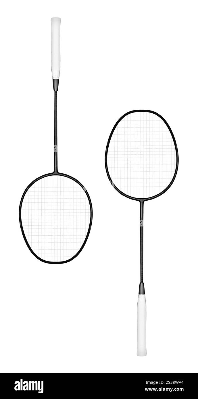 Racchette da badminton isolate su sfondo bianco Foto Stock