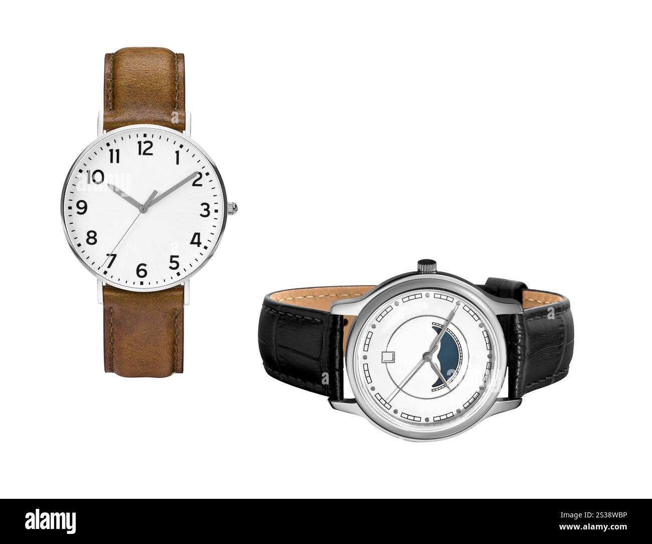 orologi in pelle costosi e moderni isolati Foto Stock