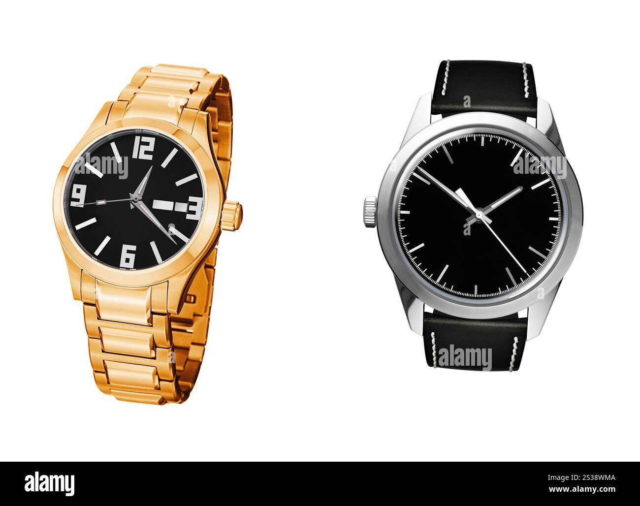 orologi dorati e argentati isolati su sfondo bianco Foto Stock