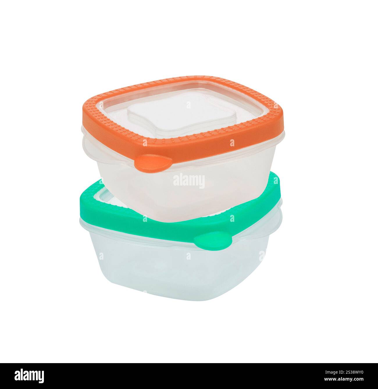 Contenitori vuoti di plastica per alimenti isolati su sfondo bianco Foto Stock