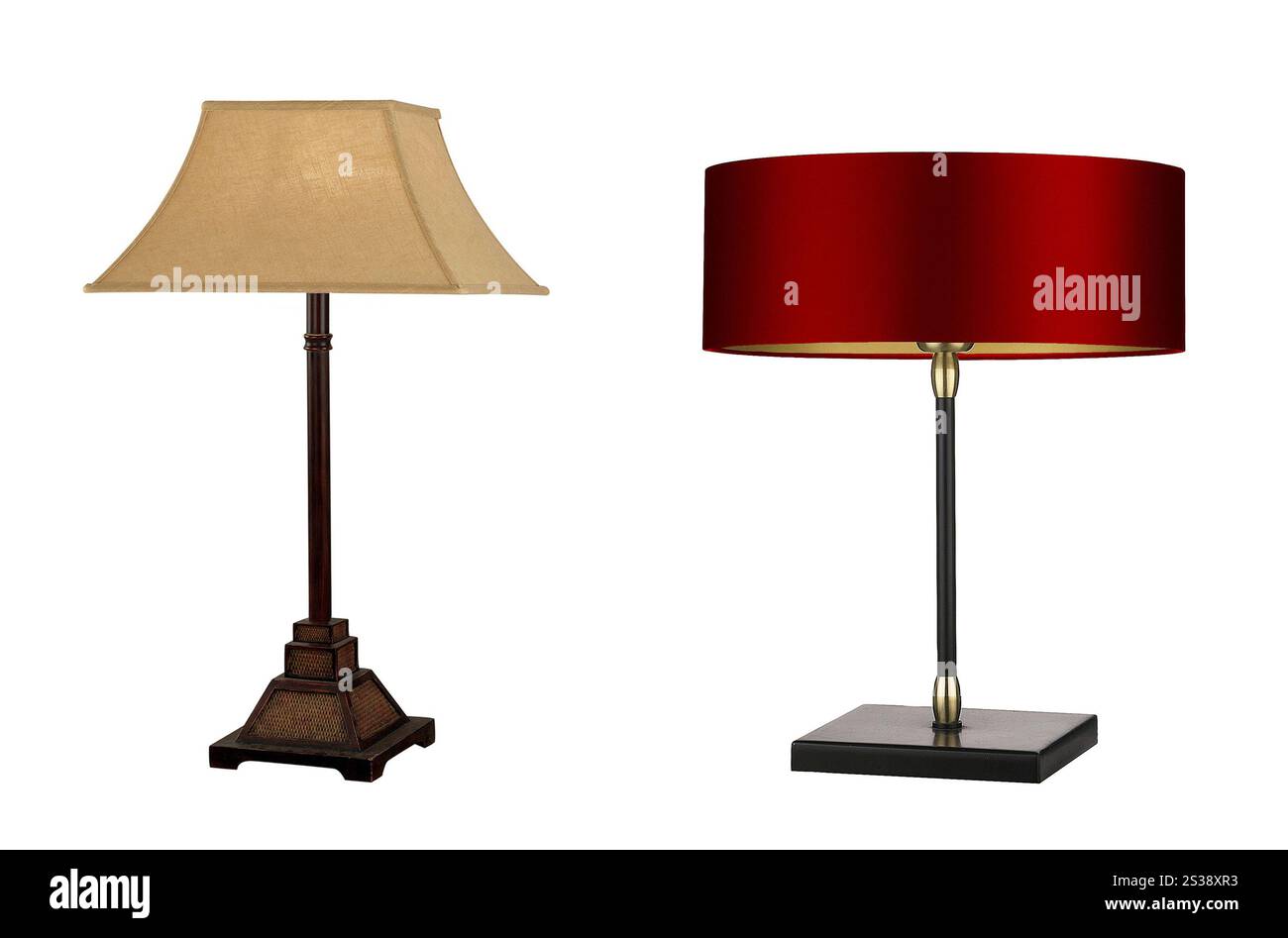 Lampade moderne e d'epoca isolate su sfondo bianco. Lampade moderne e d'epoca isolate Foto Stock