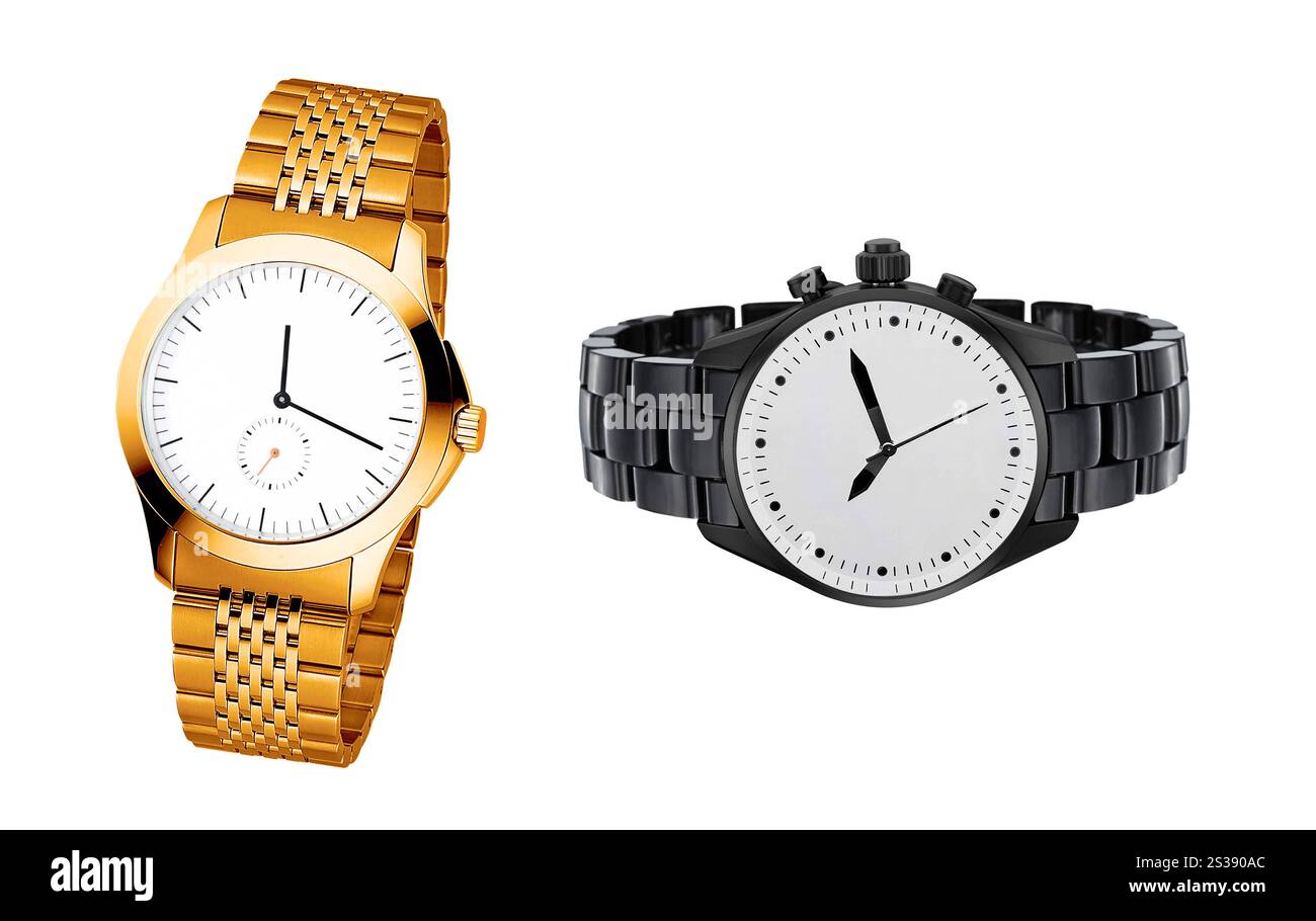 Orologi da polso di lusso da uomo in oro su sfondo bianco Foto Stock