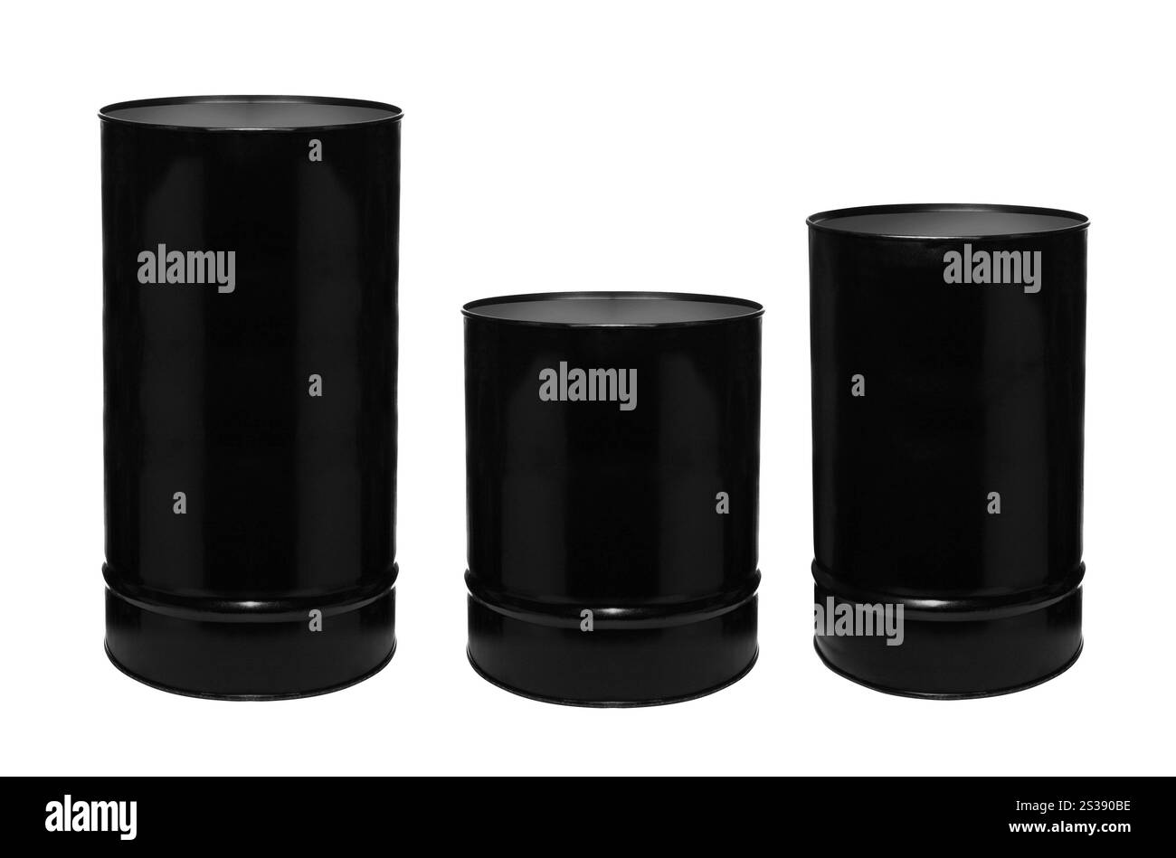 Barili neri su sfondo bianco Foto Stock