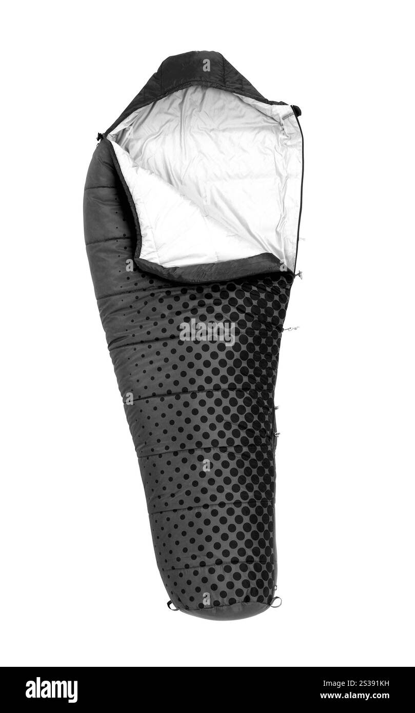 Sacco a pelo utilizzato per mantenere caldo durante i viaggi in campeggio isolato su sfondo bianco. Sacco a pelo usato per tenersi al caldo durante i viaggi in campeggio Foto Stock