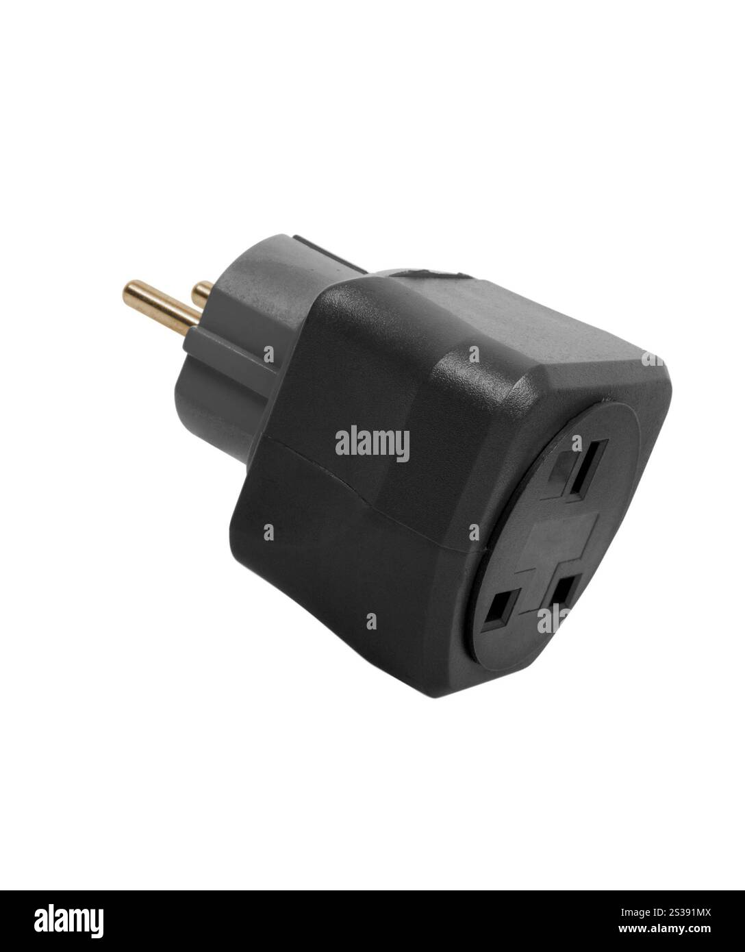 Adattatore da viaggio con spina di alimentazione, isolato su sfondo bianco. Adattatore da viaggio della spina di alimentazione Foto Stock