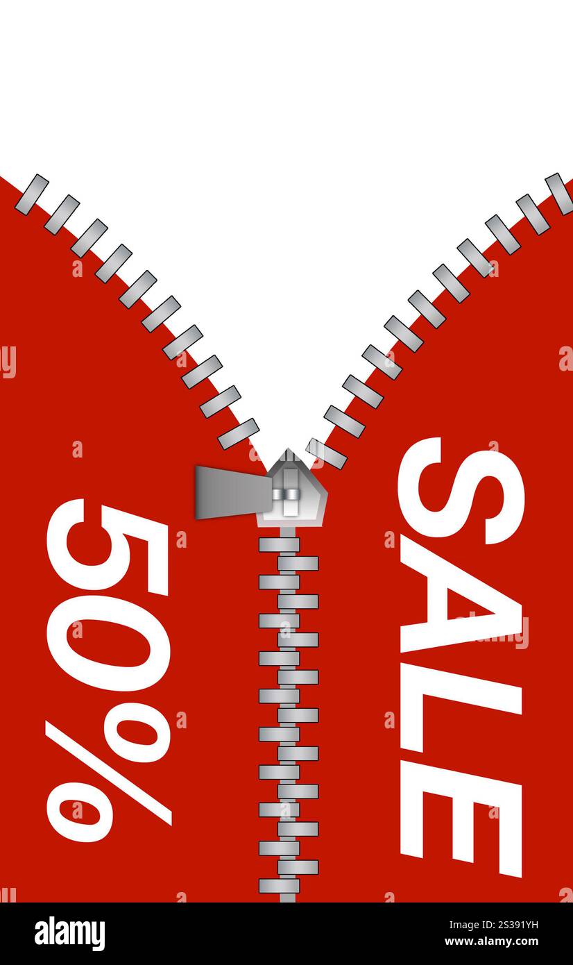 Chiusura lampo che rivela uno sconto per la vendita isolato su sfondo bianco. Chiusura lampo che rivela uno sconto per la vendita Foto Stock